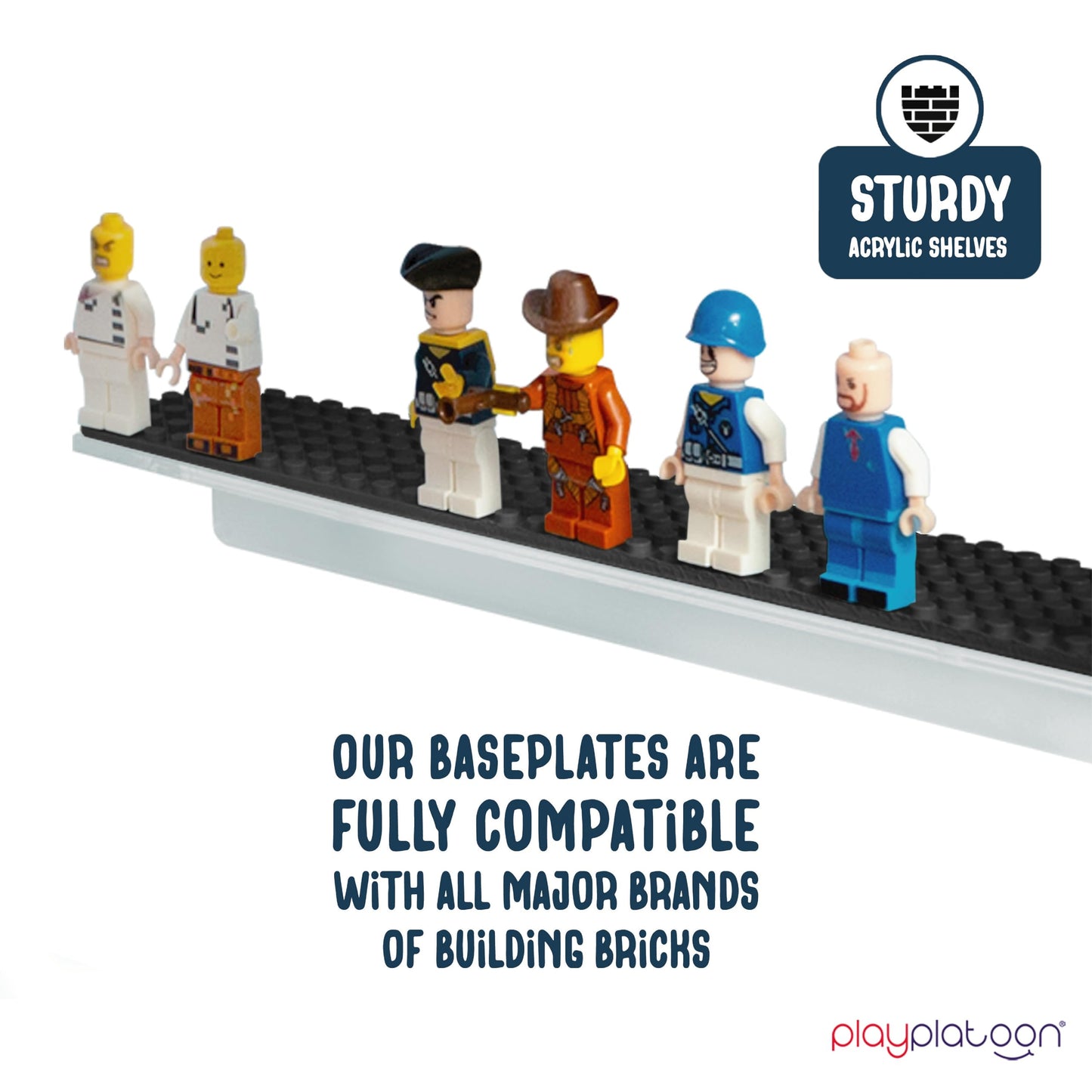 Play Platoon Building Brick Display Shelves 3-Pack – 15x2 Inch Acrylic Wall Mount, Compatible with Lego & More