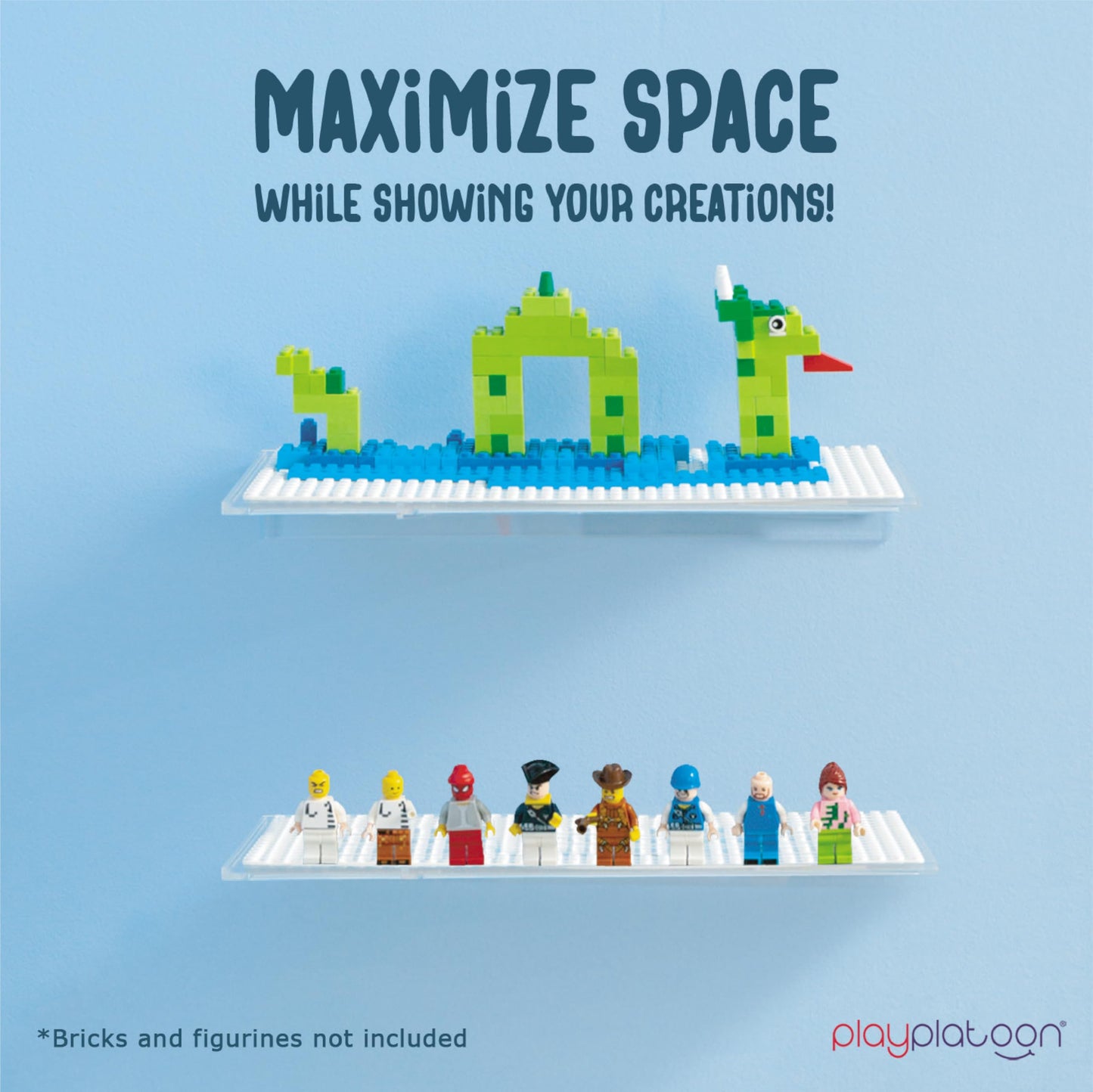 Play Platoon 2-Pack Building Brick Display Shelves – 12x5 Inch White Acrylic Wall Mount, Lego & Megablox Compatible
