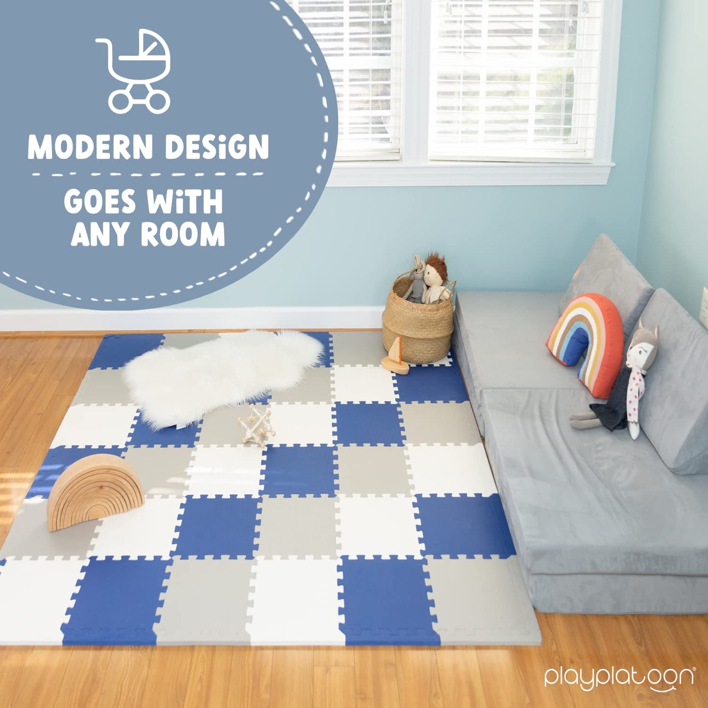 Play Platoon Non-Toxic Foam Puzzle Floor Mat – Extra Thick 12x12 Tiles | 36 Sq Ft, Grey Cream Navy