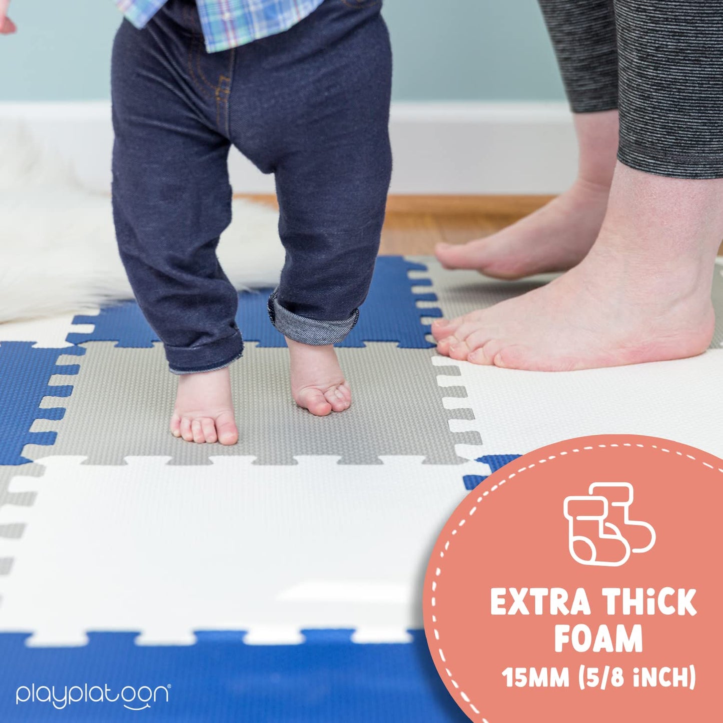 Play Platoon Non-Toxic Foam Puzzle Floor Mat – Extra Thick 12x12 Tiles | 36 Sq Ft, Grey Cream Navy