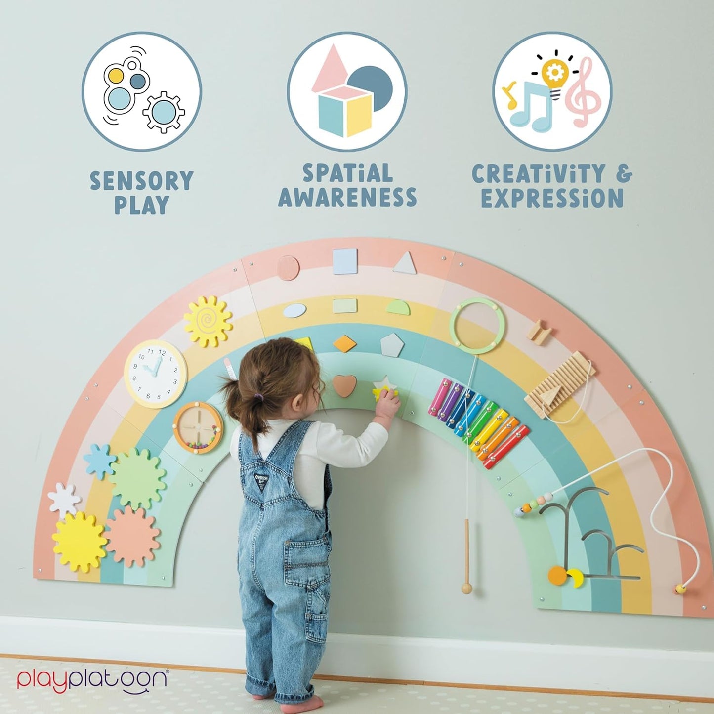 Play Platoon Kids Sensory Wall Panel – 11-Activity Rainbow Montessori Busy Board (64x32 in)