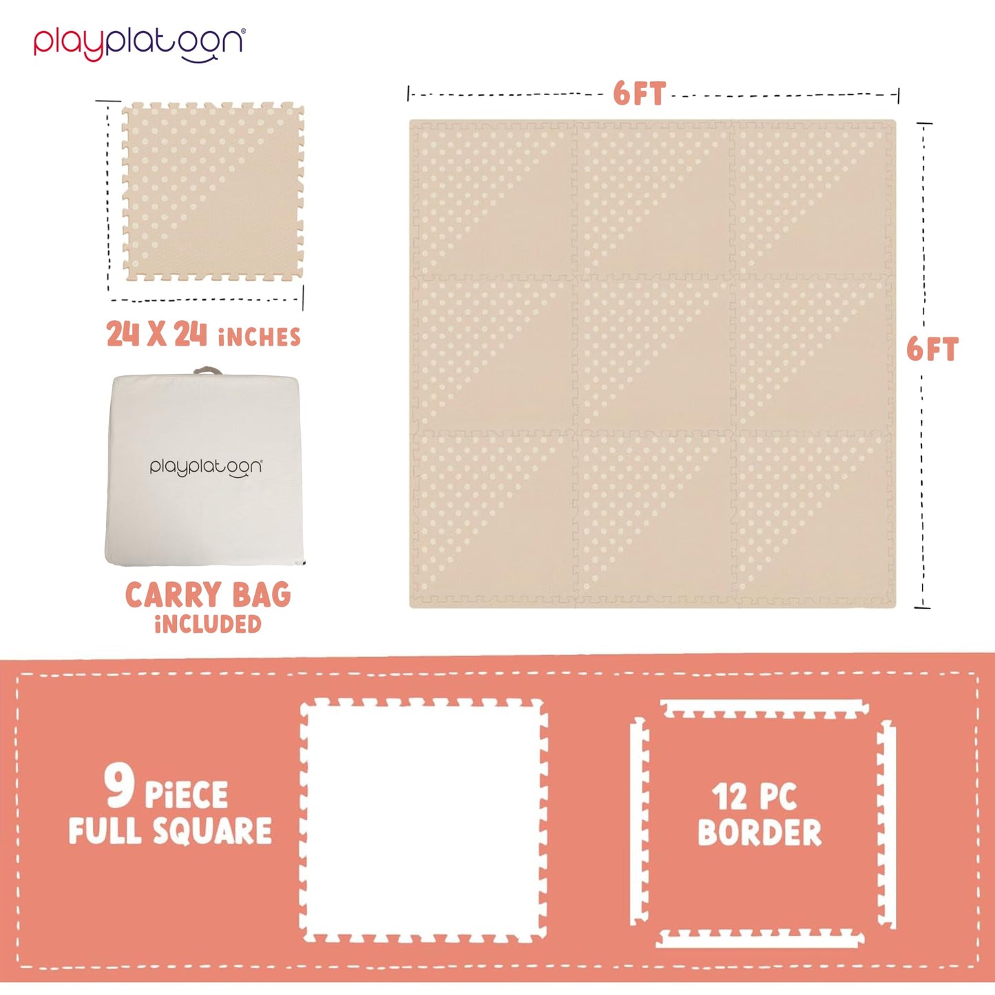 Play Platoon Large Baby Play Mat — 72 x 72 in, Extra-Thick Interlocking Tiles (9-Tile Puzzle Mat), Neutral Triangle