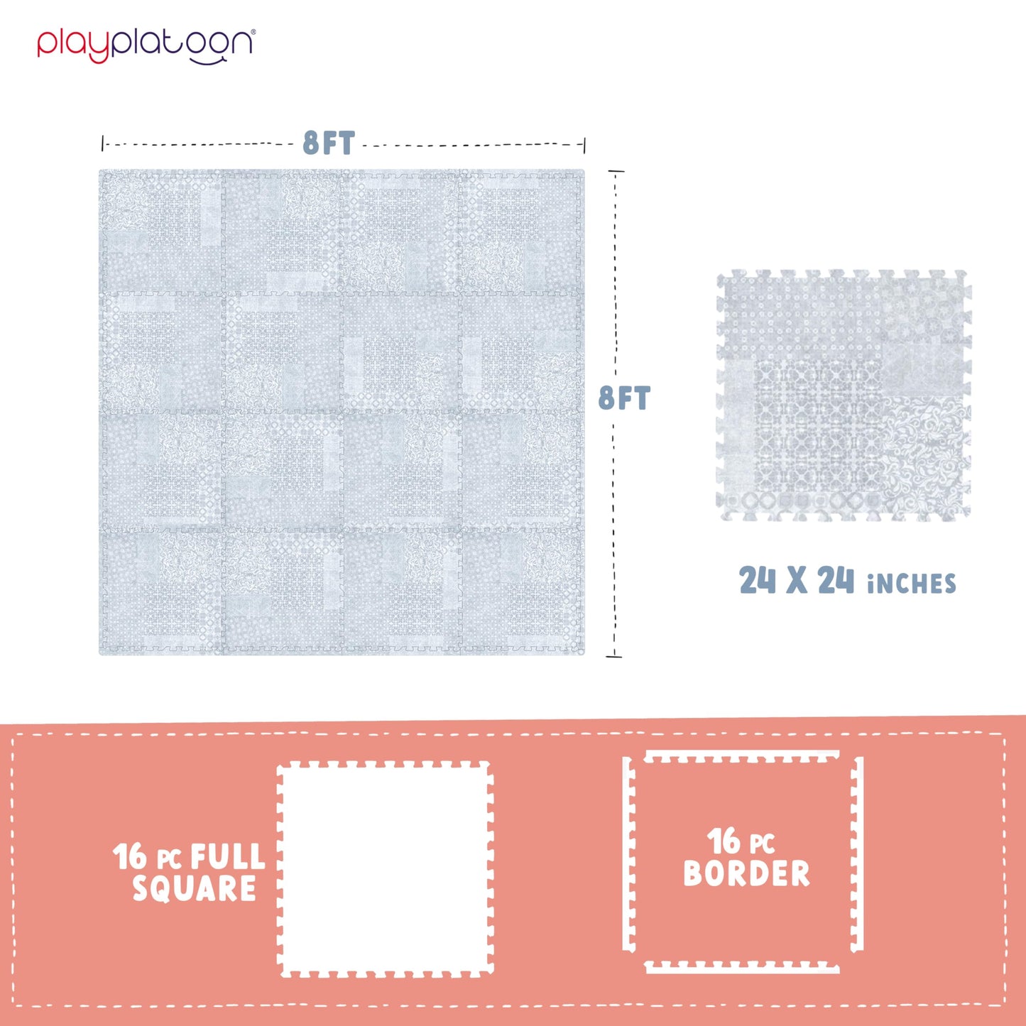 Play Platoon Non-Toxic Extra-Thick Play Mat – 96 x 96 in Puzzle Tiles, Gray Boho Design