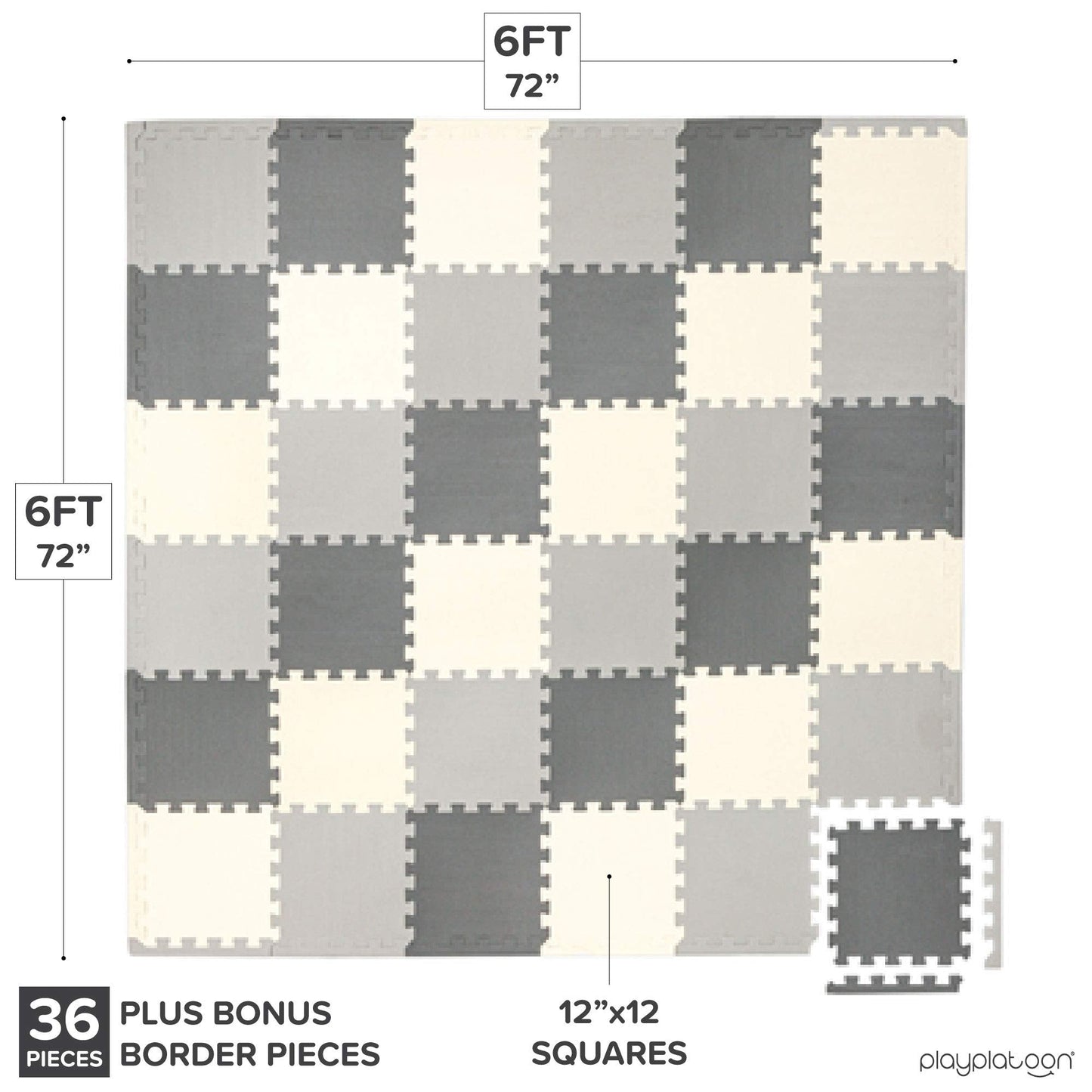 Play Platoon Non-Toxic Foam Puzzle Floor Mat – Extra Thick 36 Tiles 12x12 | Grey/Cream/Charcoal