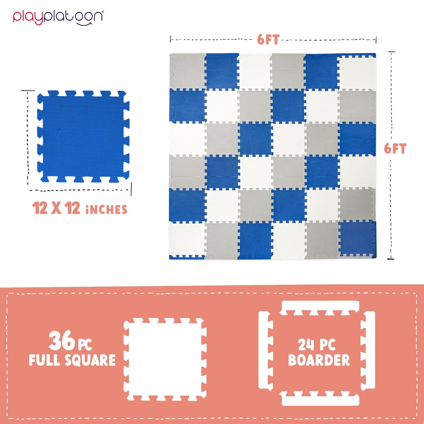 Play Platoon Non-Toxic Foam Puzzle Floor Mat – Extra Thick 12x12 Tiles | 36 Sq Ft, Grey Cream Navy