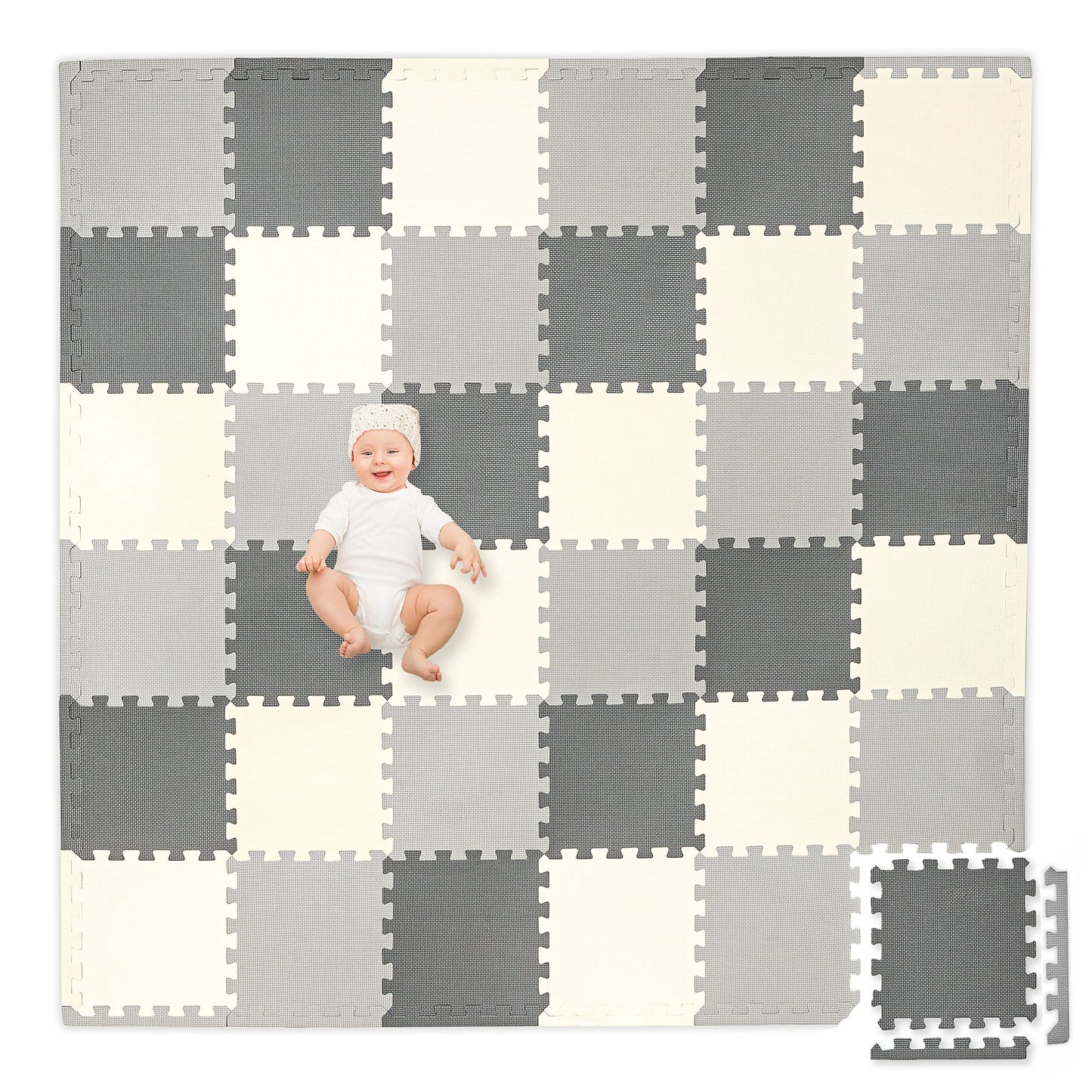 Play Platoon Non-Toxic Foam Puzzle Floor Mat – Extra Thick 36 Tiles 12x12 | Grey/Cream/Charcoal