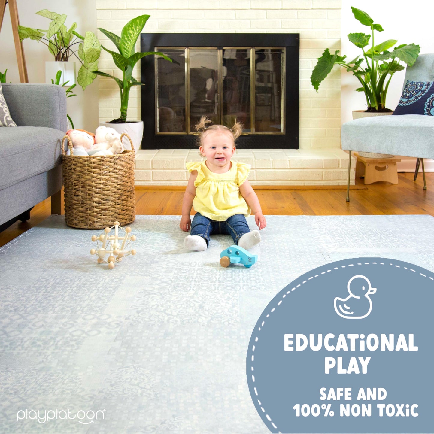 Play Platoon Non-Toxic Extra-Thick Play Mat – 96 x 96 in Puzzle Tiles, Gray Boho Design