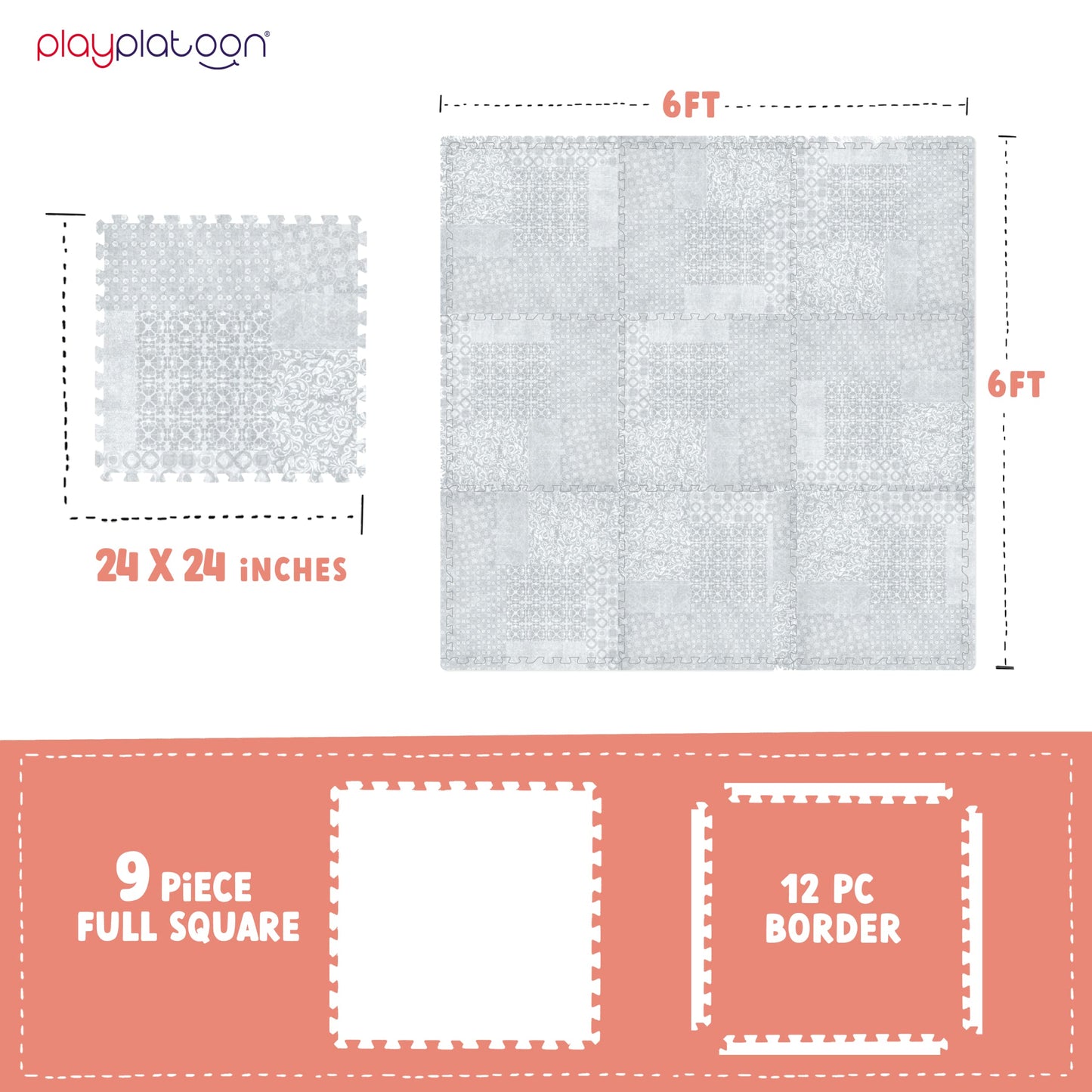 Play Platoon Large Baby Play Mat | 72x72 in Interlocking 9 Tiles | Extra-Thick 5/8 in | Neutral Grey Boho