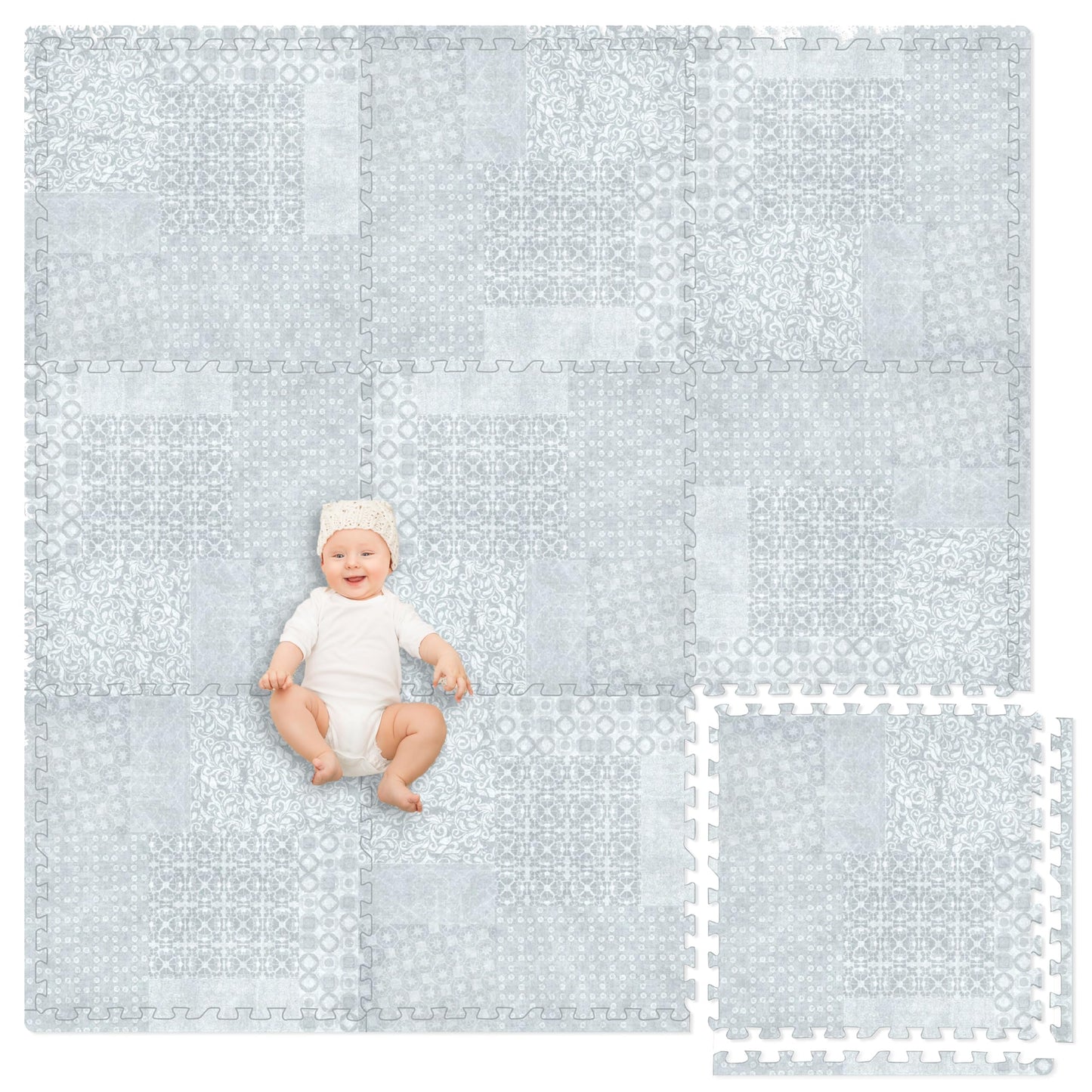 Play Platoon Large Baby Play Mat | 72x72 in Interlocking 9 Tiles | Extra-Thick 5/8 in | Neutral Grey Boho