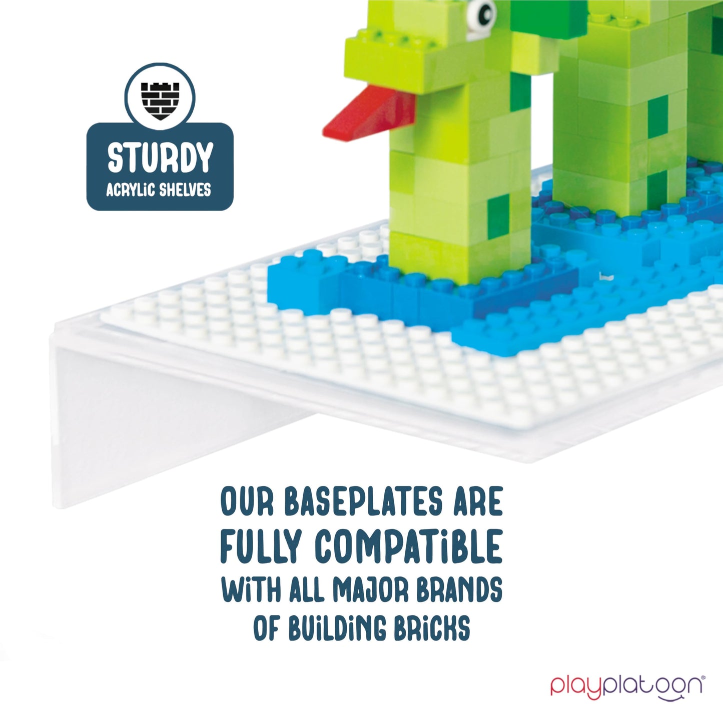 Play Platoon 2-Pack Building Brick Display Shelves – 12x5 Inch White Acrylic Wall Mount, Lego & Megablox Compatible