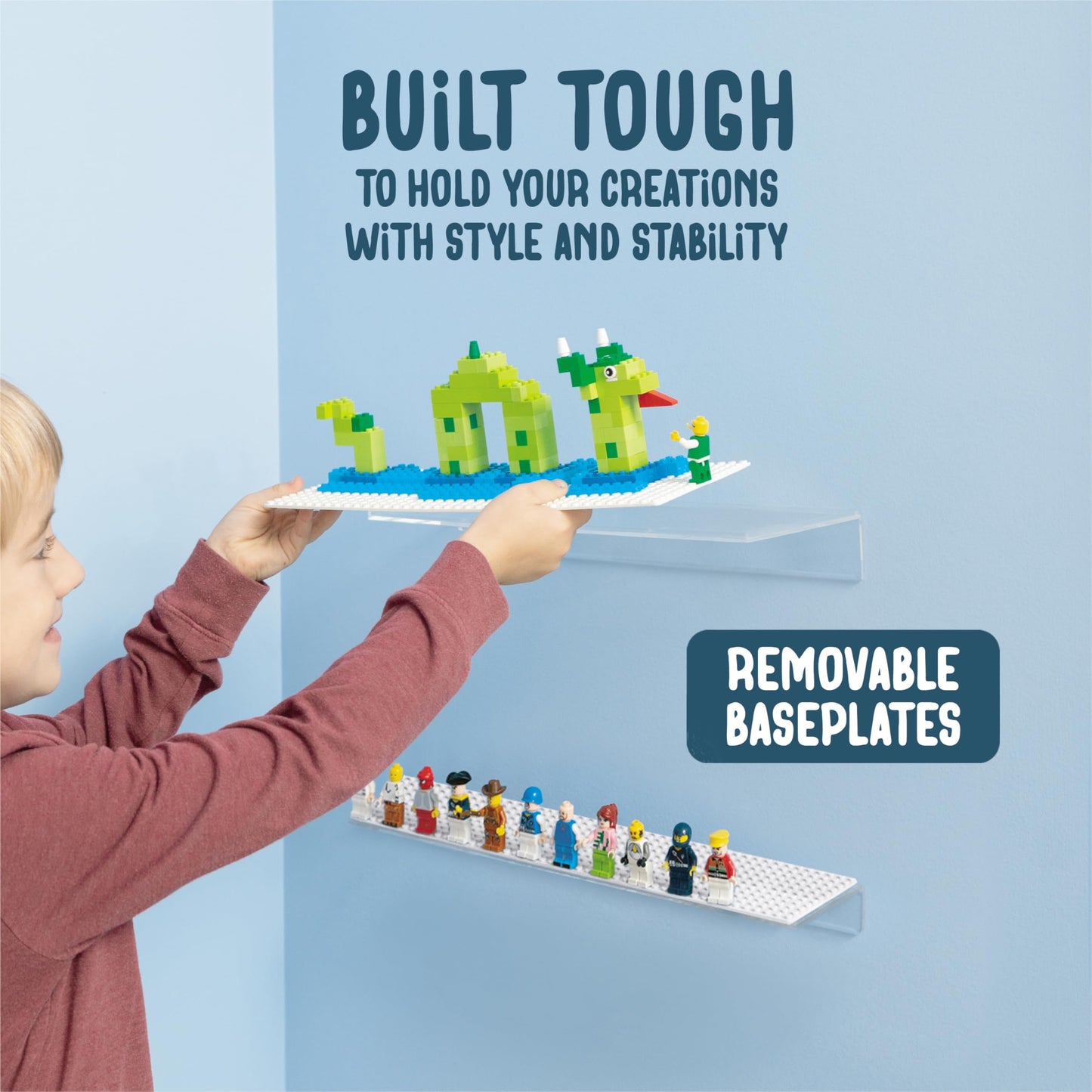 Play Platoon 2-Pack Building Brick Display Shelves – 12x5 Inch White Acrylic Wall Mount, Lego & Megablox Compatible