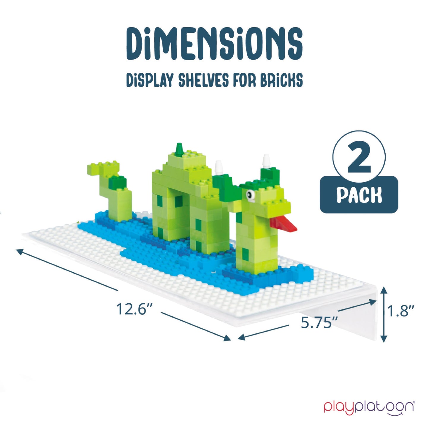 Play Platoon 2-Pack Building Brick Display Shelves – 12x5 Inch White Acrylic Wall Mount, Lego & Megablox Compatible