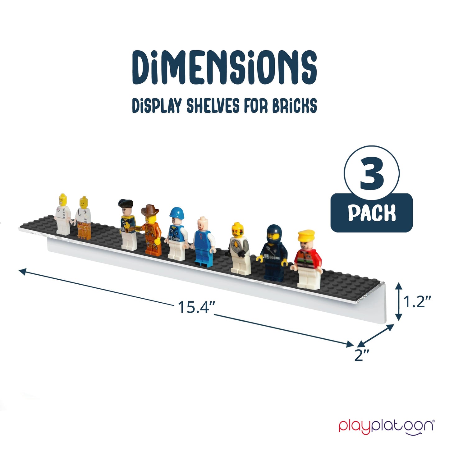 Play Platoon Building Brick Display Shelves 3-Pack – 15x2 Inch Acrylic Wall Mount, Compatible with Lego & More