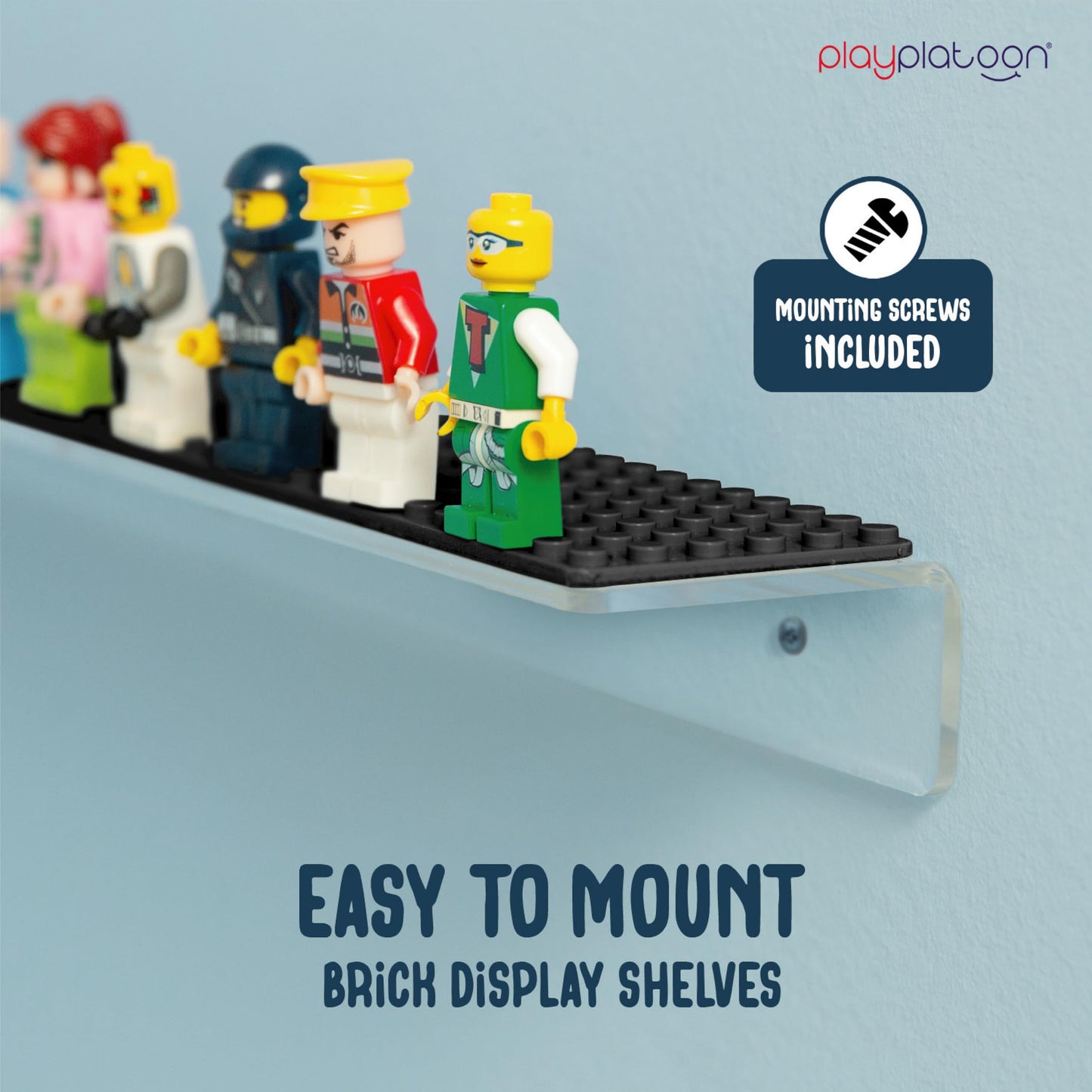 Play Platoon Building Brick Display Shelves 3-Pack – 15x2 Inch Acrylic Wall Mount, Compatible with Lego & More