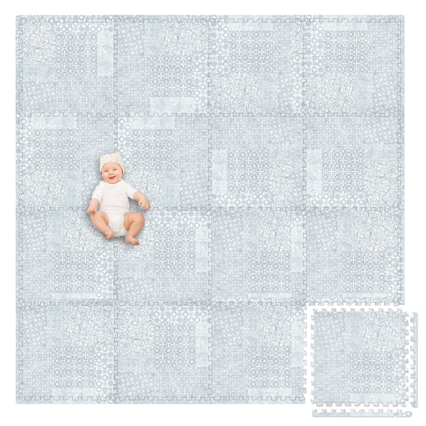 Play Platoon Non-Toxic Extra-Thick Play Mat – 96 x 96 in Puzzle Tiles, Gray Boho Design