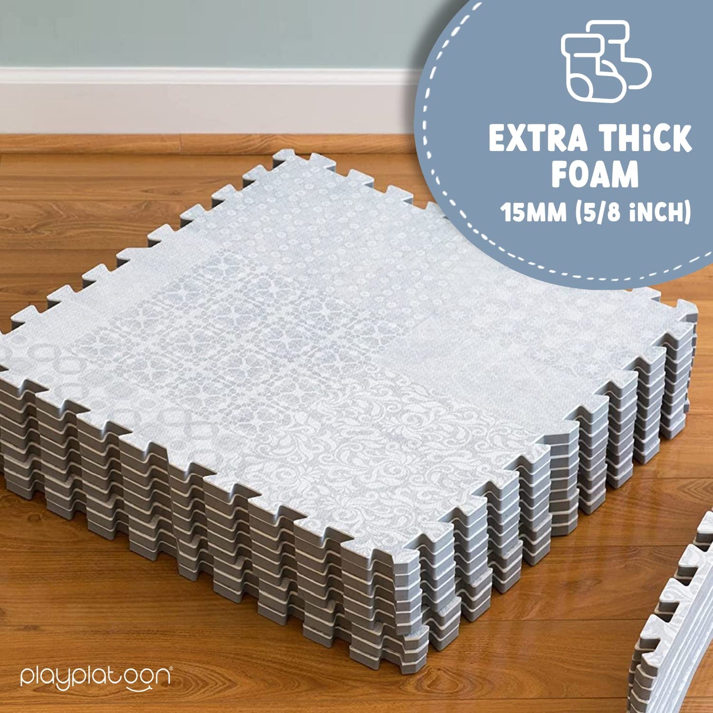 Play Platoon Large Baby Play Mat | 72x72 in Interlocking 9 Tiles | Extra-Thick 5/8 in | Neutral Grey Boho