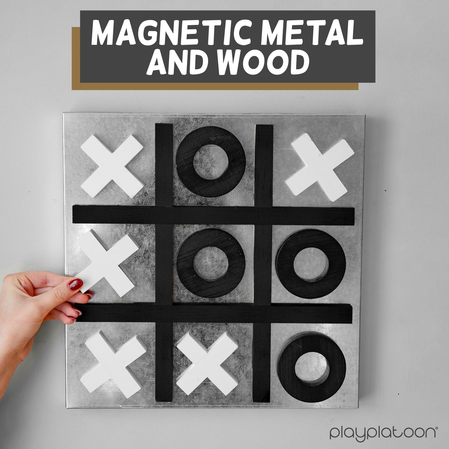 Play Platoon Magnetic Tic Tac Toe Game – Large 13.5-inch Wall-Mount or Table Top Board – Rustic Black & White