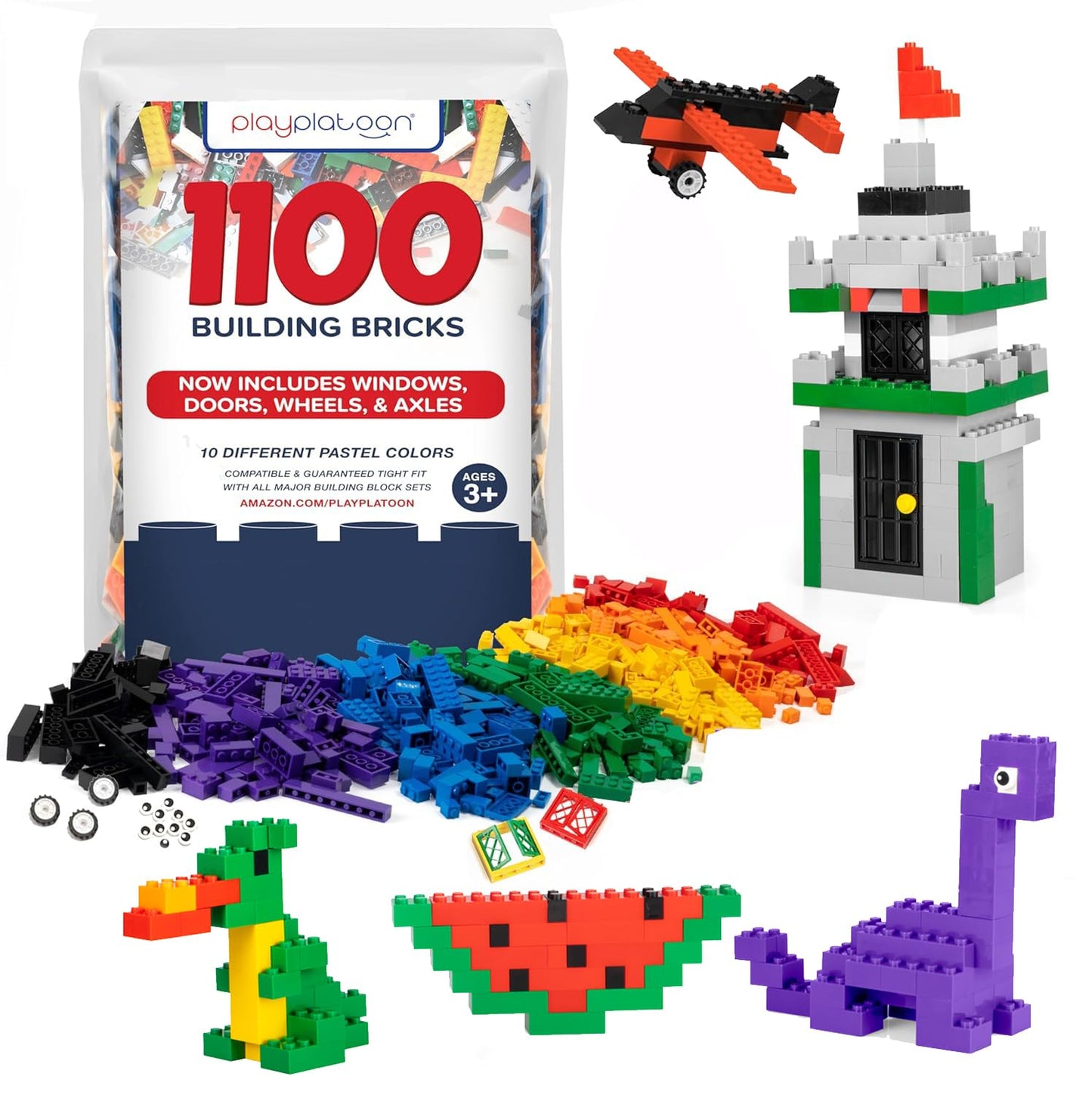 Play Platoon 1100 Pieces Building Bricks Set – 14 Shapes, 10 Classic Colors, Compatible with Major Brands