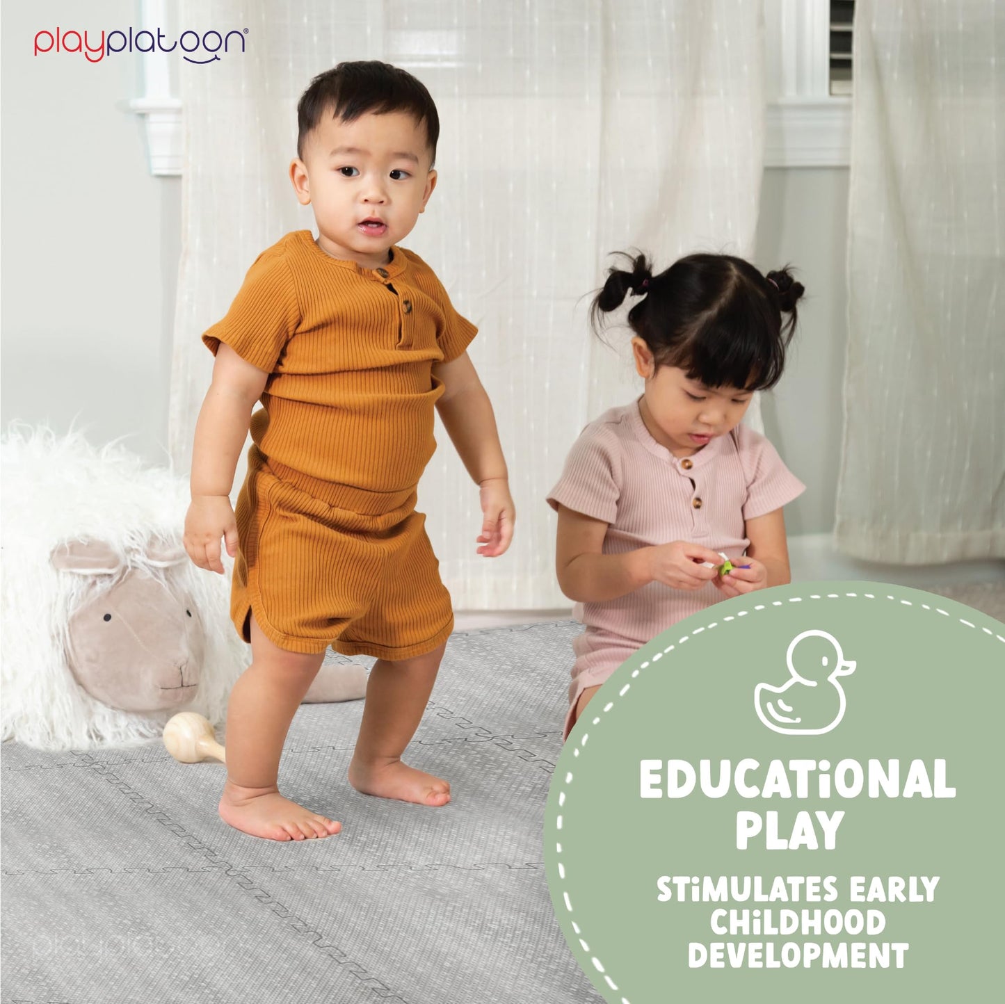 Play Platoon Non-Toxic Large Play Mats for Floors – Extra-Thick Interlocking Foam Tiles, 72 x 72 in Beige