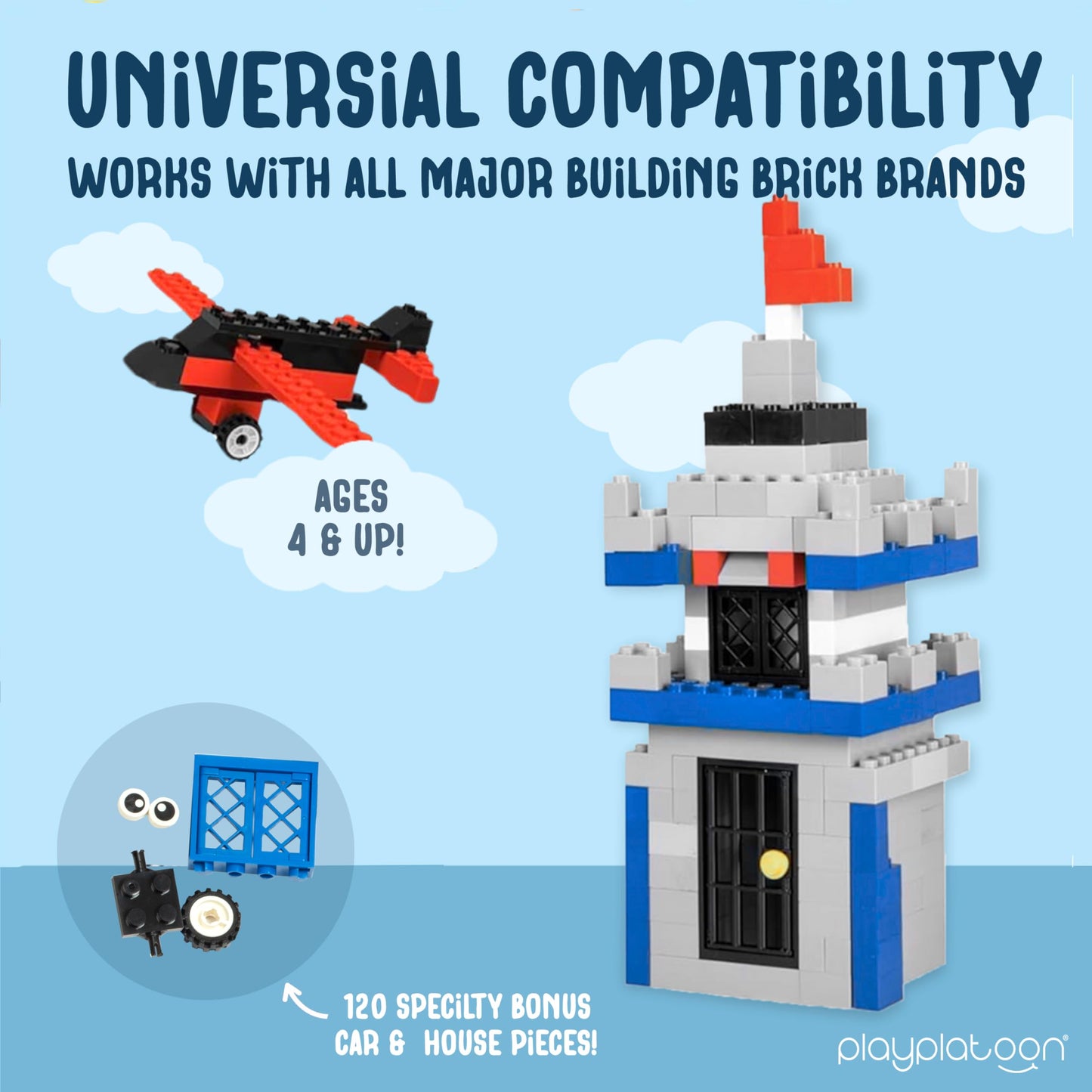 Play Platoon 1100 Pieces Building Bricks Set – 14 Shapes, 10 Classic Colors, Compatible with Major Brands