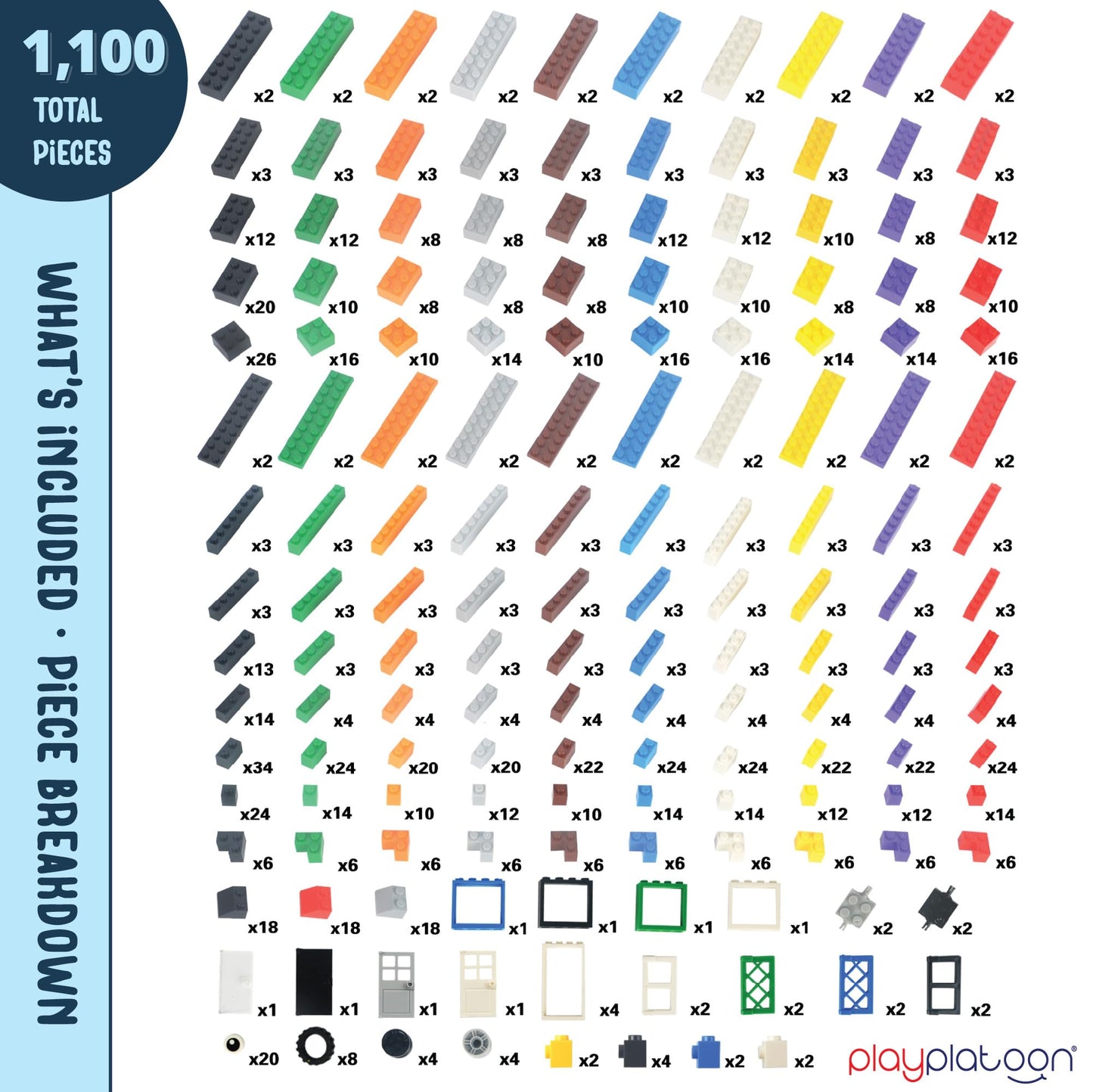 Play Platoon 1100 Pieces Building Bricks Set – 14 Shapes, 10 Classic Colors, Compatible with Major Brands
