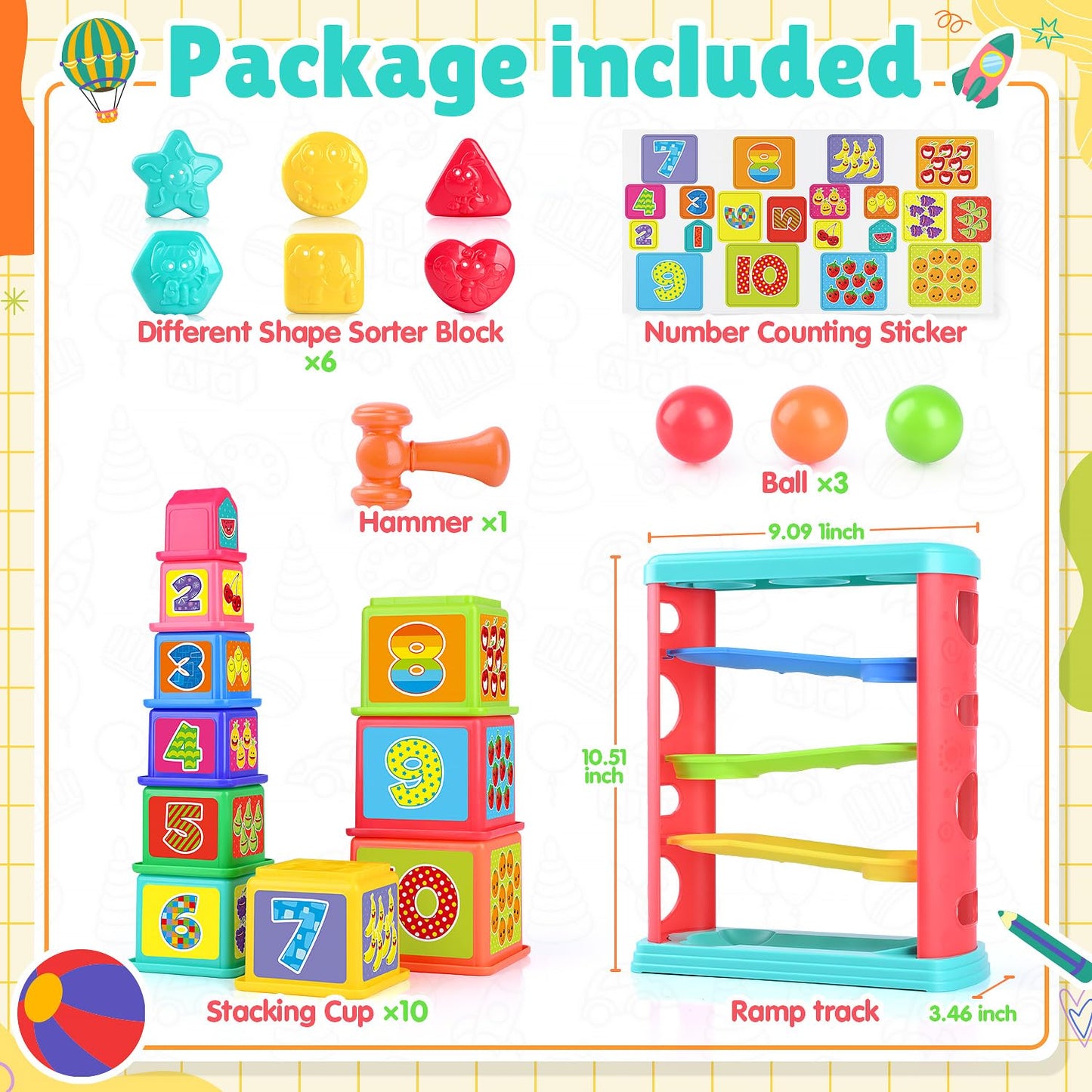 PLAY Pound a Ball 3-in-1 Montessori Toy for Toddlers 1-3 | Hammer, Stacking Cups & Shape Sorter
