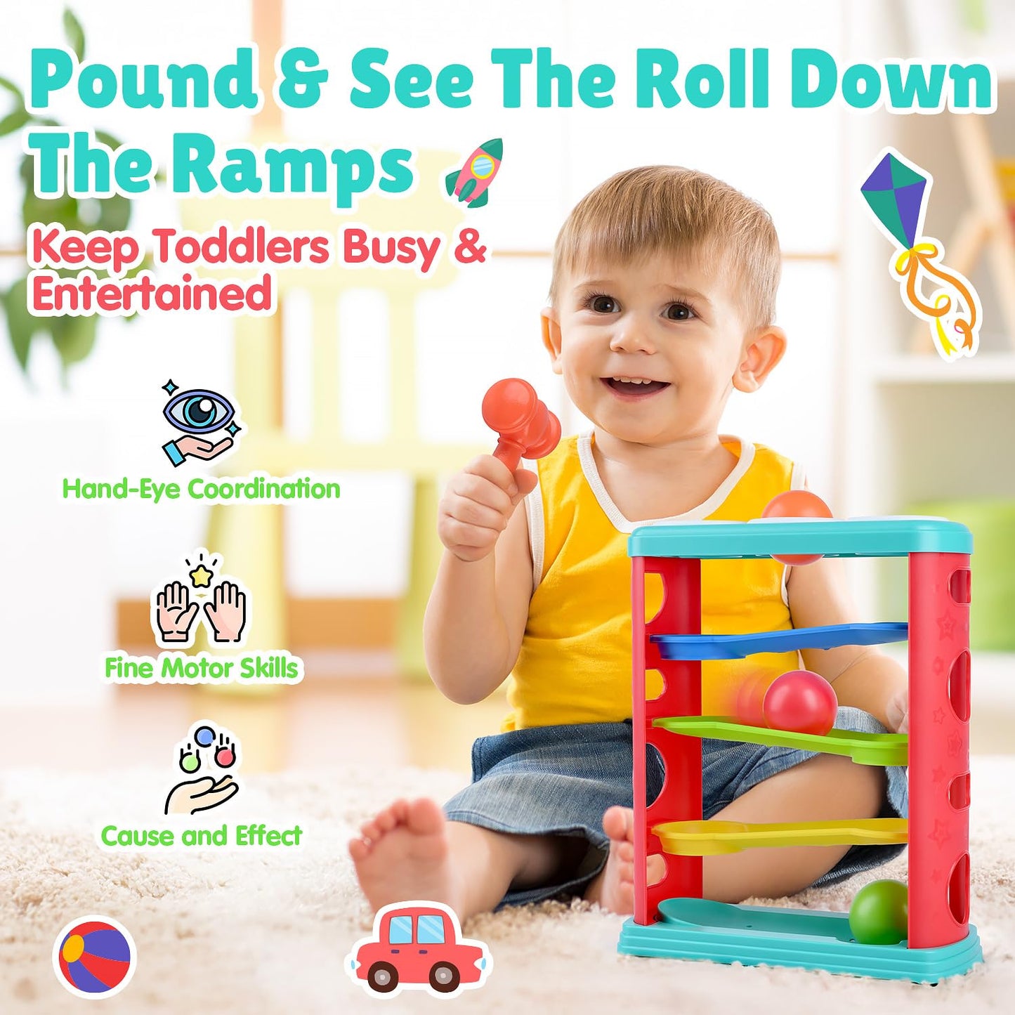 PLAY Pound a Ball 3-in-1 Montessori Toy for Toddlers 1-3 | Hammer, Stacking Cups & Shape Sorter