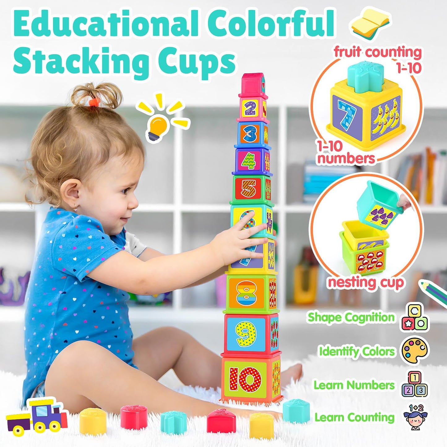 PLAY Pound a Ball 3-in-1 Montessori Toy for Toddlers 1-3 | Hammer, Stacking Cups & Shape Sorter
