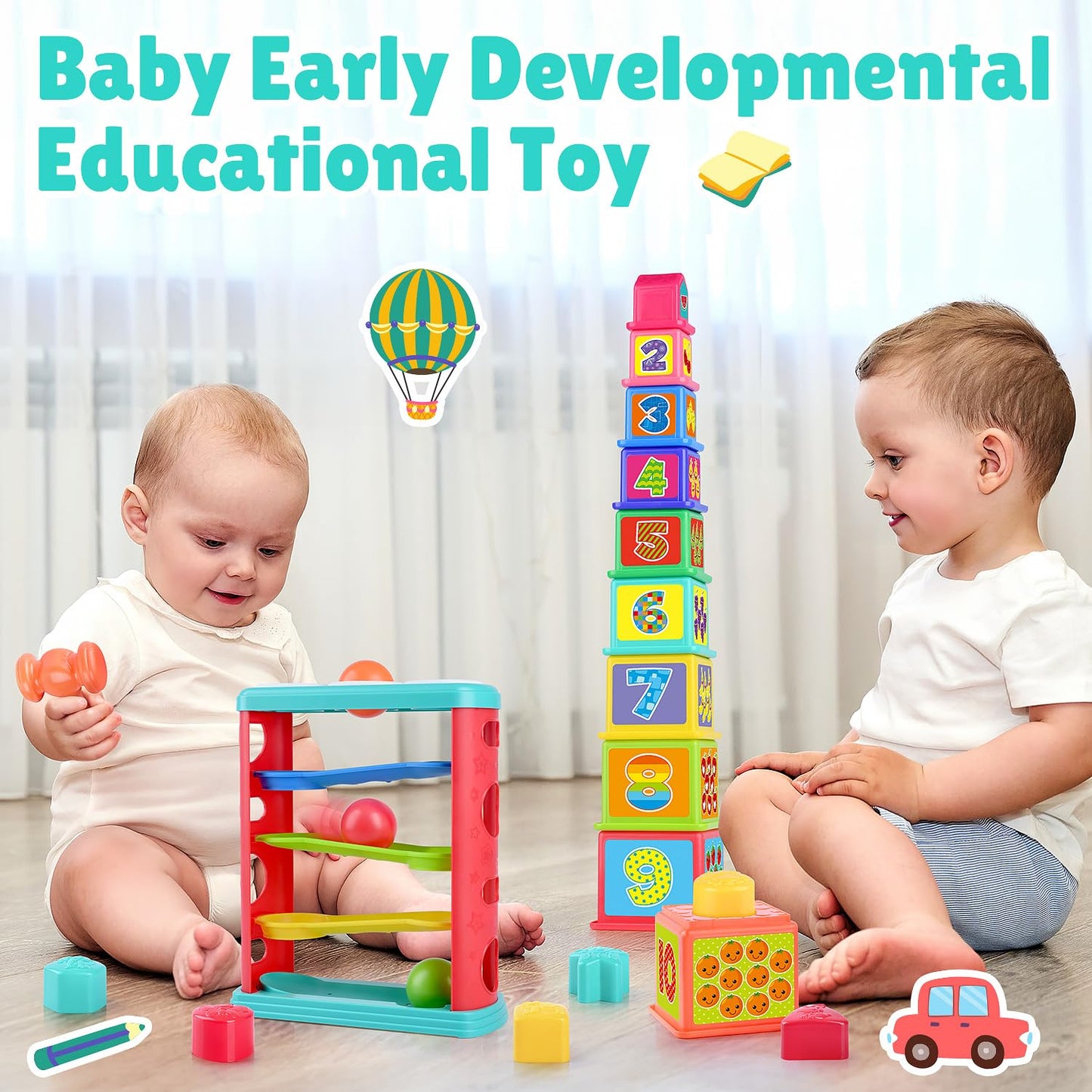 PLAY Pound a Ball 3-in-1 Montessori Toy for Toddlers 1-3 | Hammer, Stacking Cups & Shape Sorter