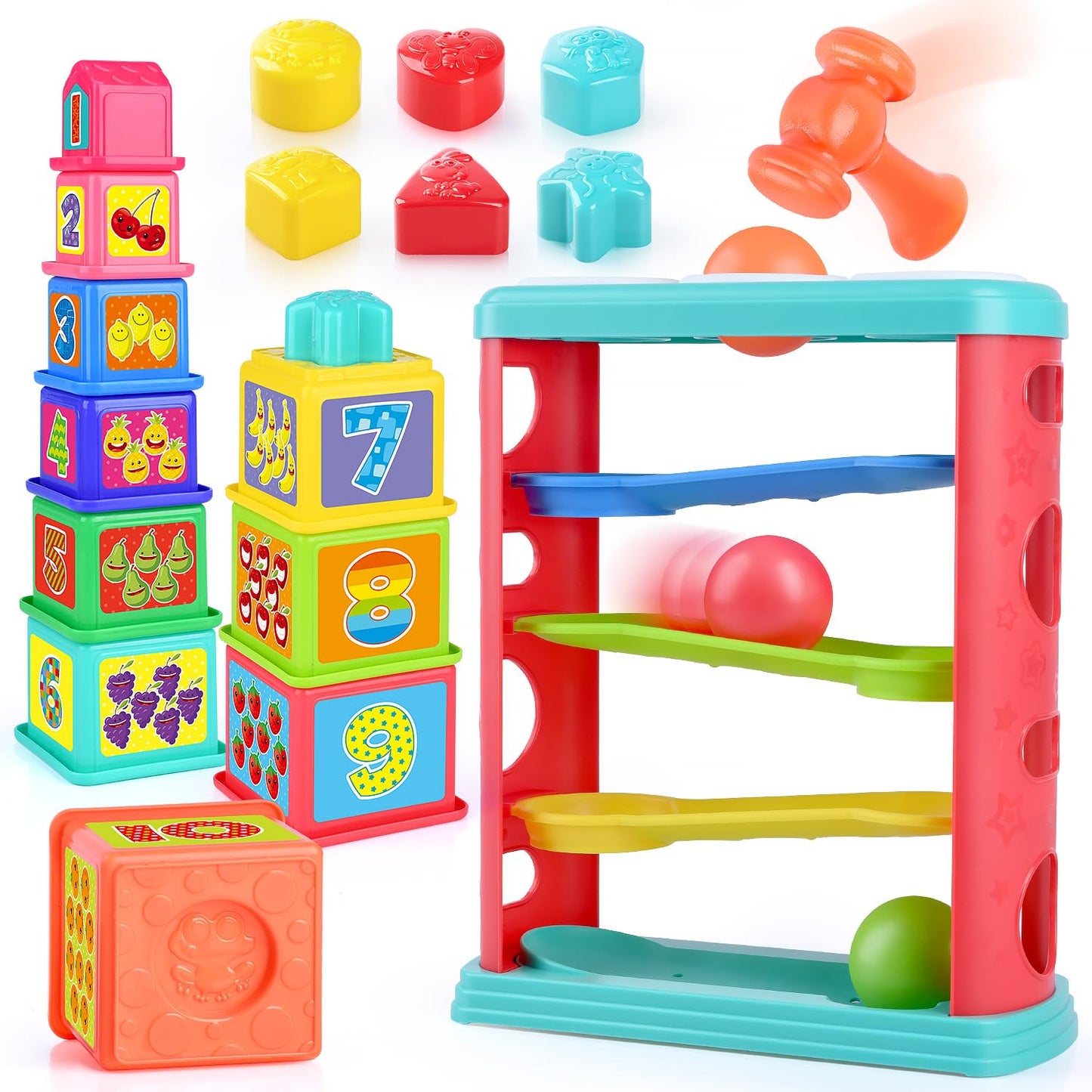 PLAY Pound a Ball 3-in-1 Montessori Toy for Toddlers 1-3 | Hammer, Stacking Cups & Shape Sorter