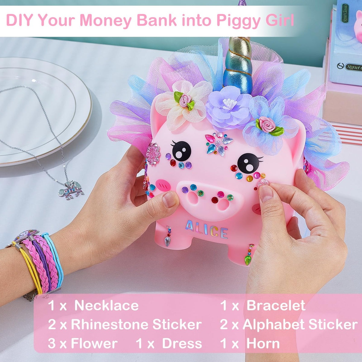 Play Tailor Unicorn Piggy Bank – Large DIY Unicorn Bank with Stickers & Dress, Durable Toddler Savings Gift