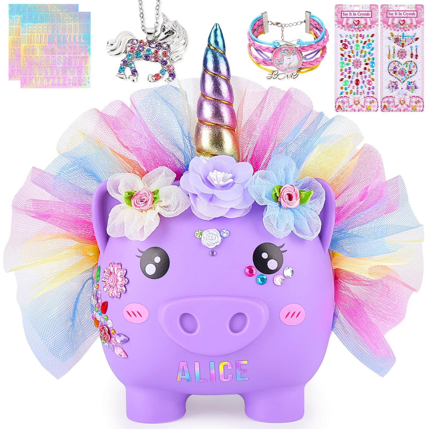 Play Tailor Large Unicorn Piggy Bank for Girls - DIY Stickers Included