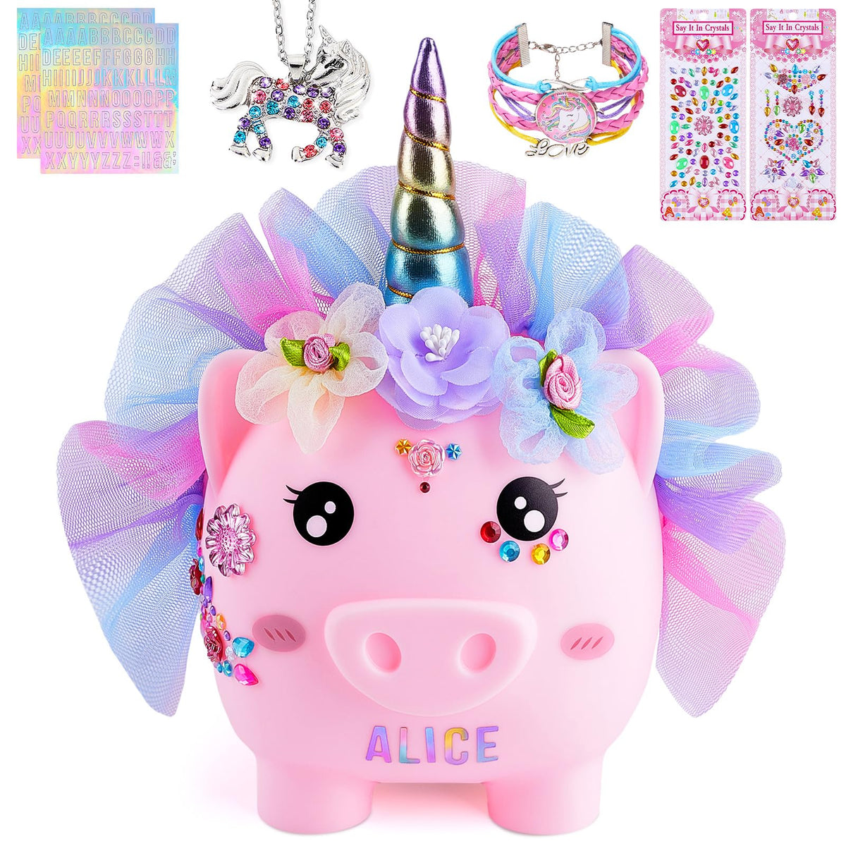 Play Tailor Unicorn Piggy Bank – Large DIY Unicorn Bank with Stickers & Dress, Durable Toddler Savings Gift