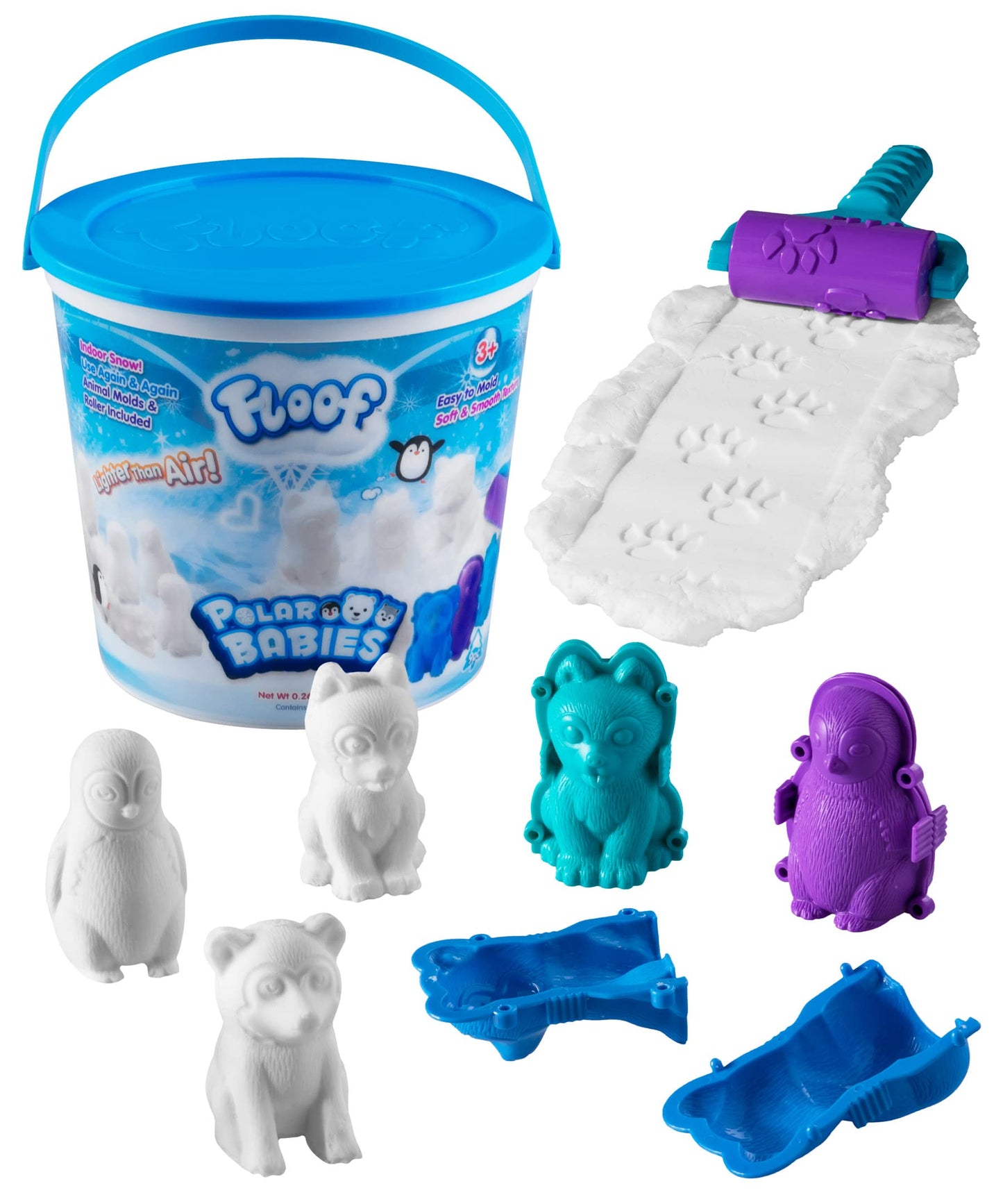 Play Visions Floof Polar Babies Bucket Set Indoor Snow 120g with 3 Molds & Roller