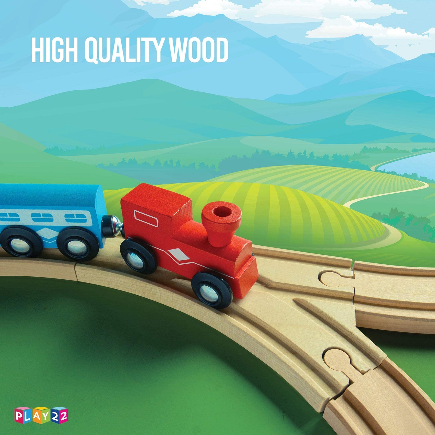 Play22 Wooden Train Tracks – 52 Pcs + 2 Bonus Trains | Thomas & Brio Compatible
