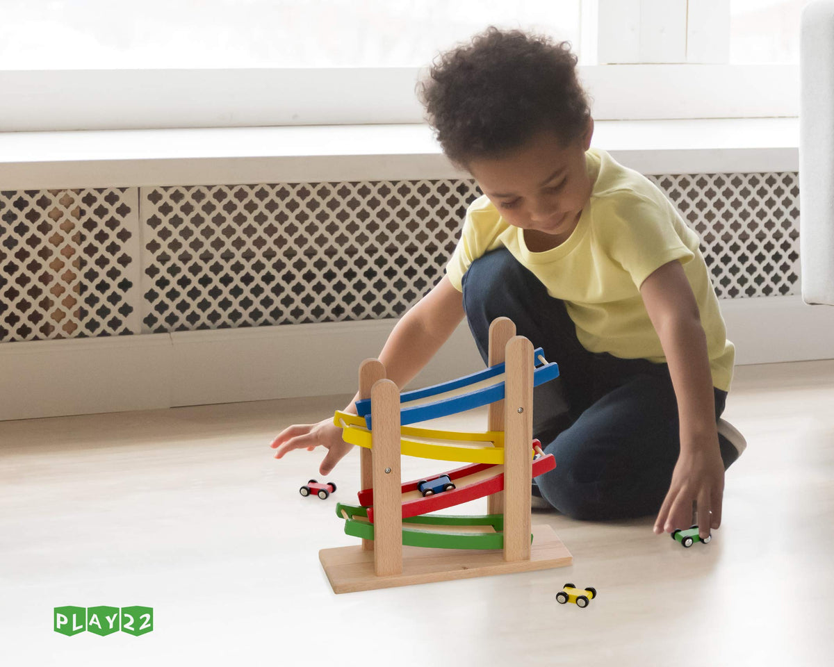Play22 Wooden Car Ramps: 4-Level Race Track with 4 Wooden Cars - Toddler Toy Set