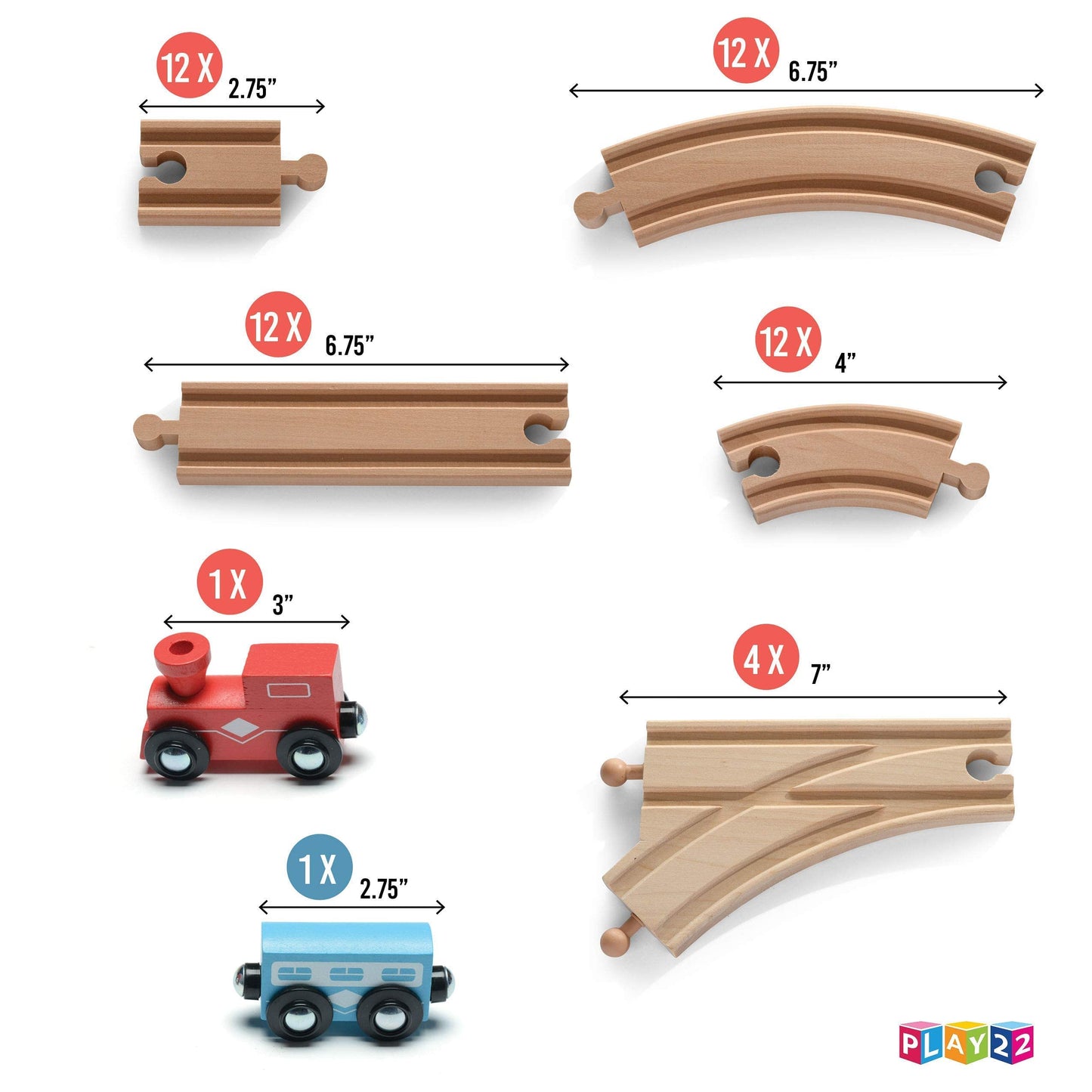 Play22 Wooden Train Tracks – 52 Pcs + 2 Bonus Trains | Thomas & Brio Compatible