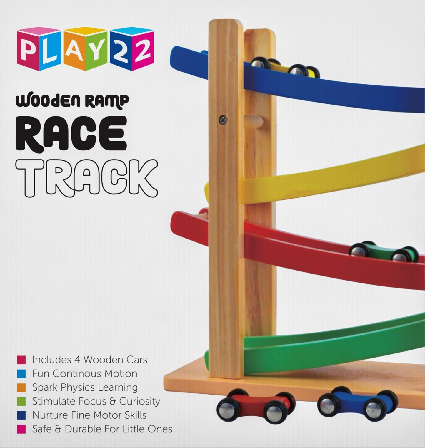 Play22 Wooden Car Ramps: 4-Level Race Track with 4 Wooden Cars - Toddler Toy Set
