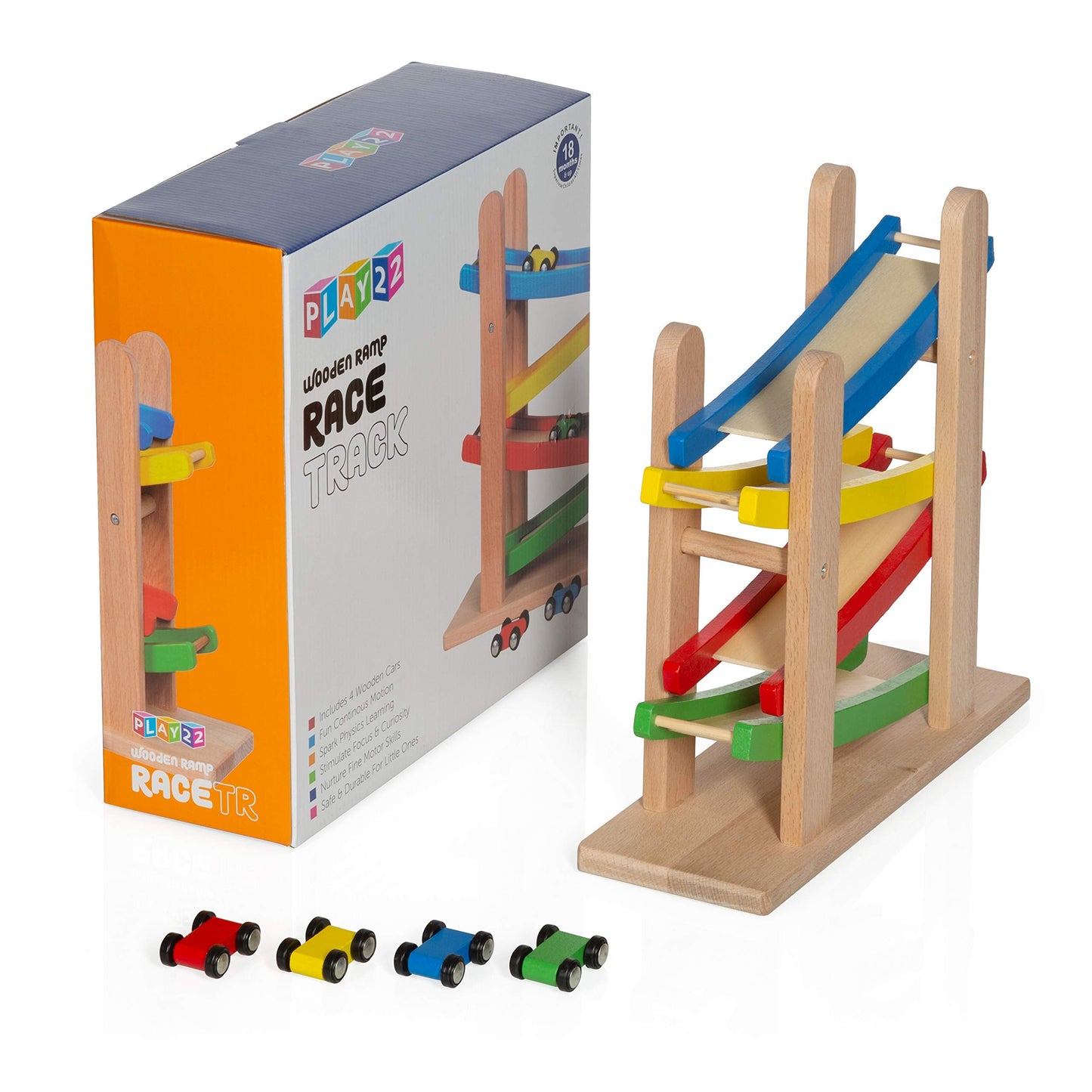 Play22 Wooden Car Ramps: 4-Level Race Track with 4 Wooden Cars - Toddler Toy Set
