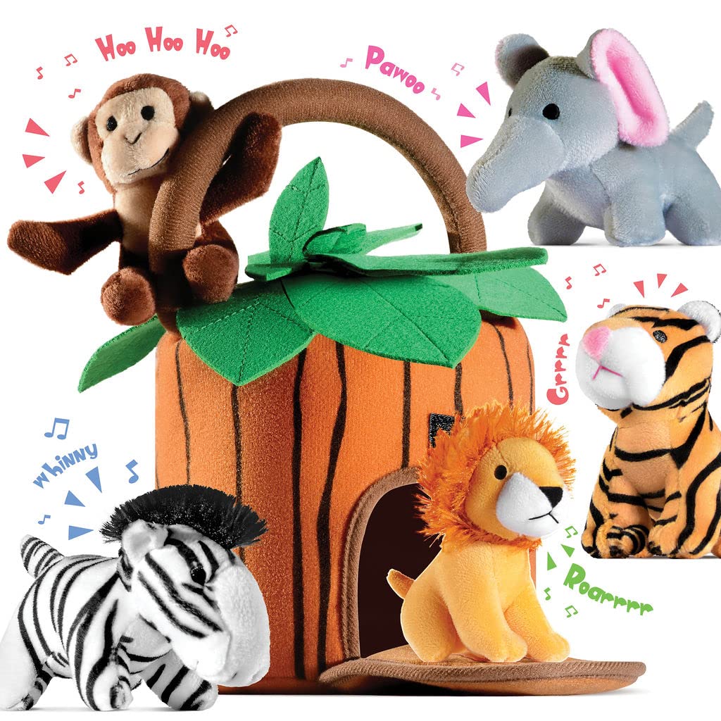 Play22 6-Piece Plush Talking Jungle Animals Set with Carrier - Elephant, Tiger, Lion, Zebra, Monkey