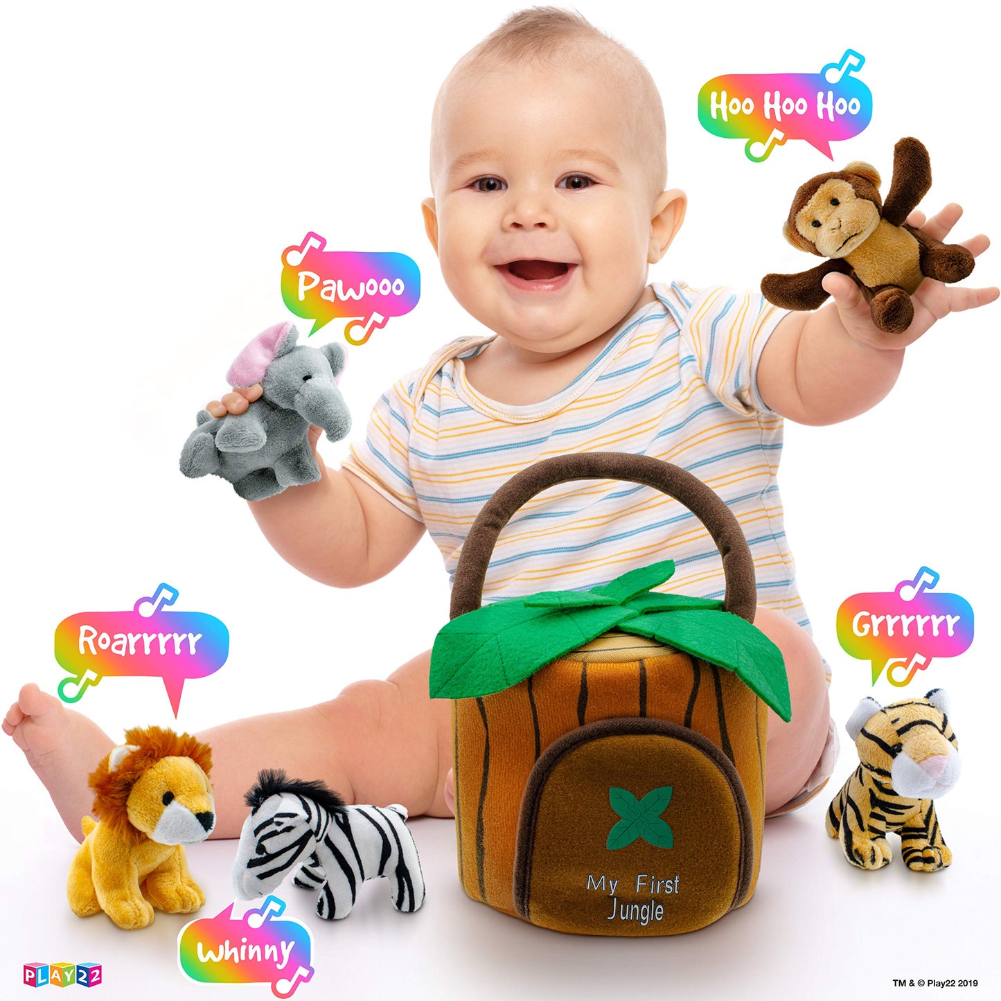 Play22 6-Piece Plush Talking Jungle Animals Set with Carrier - Elephant, Tiger, Lion, Zebra, Monkey