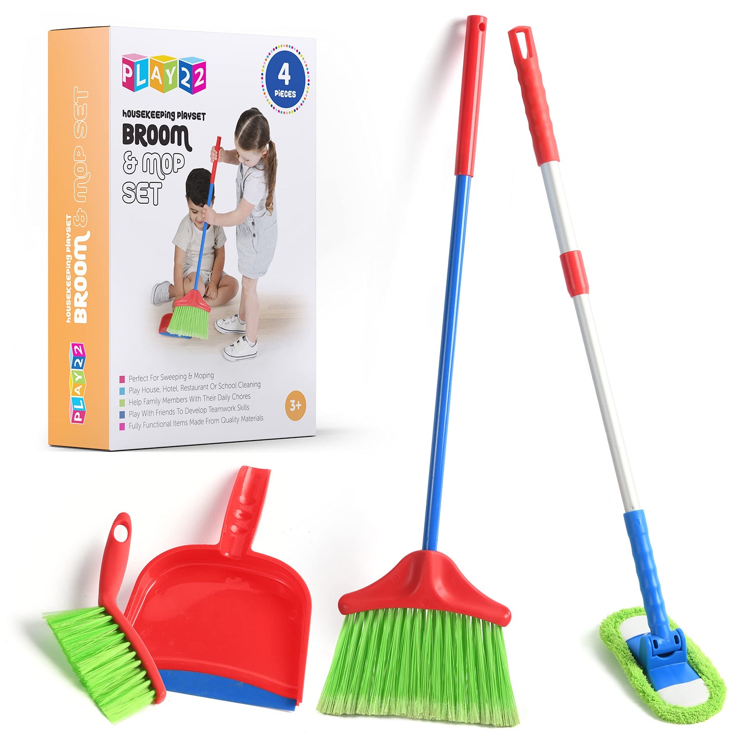 Play22 Kids Cleaning Set 4 Piece – Toy Broom, Mop, Brush & Dust Pan for Toddlers