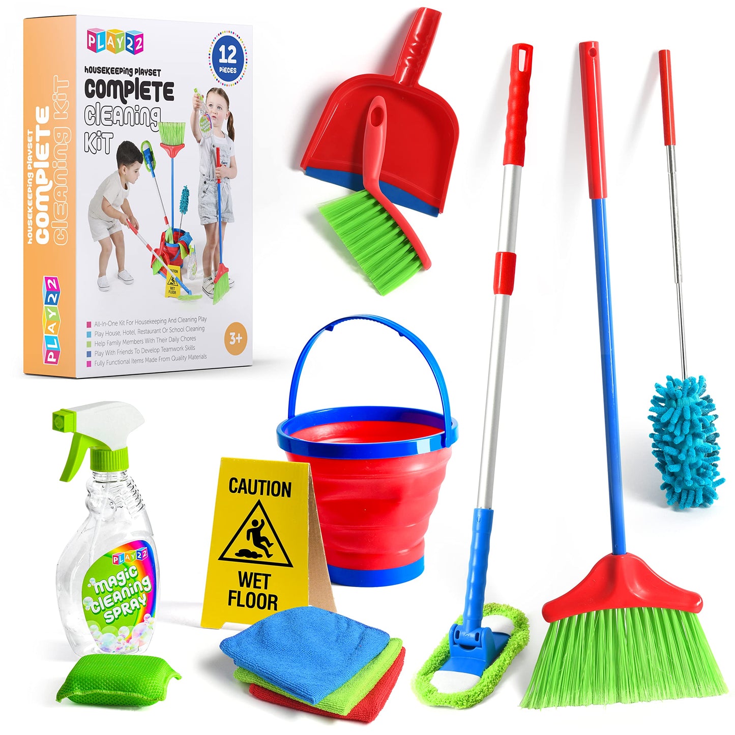 Play22 Kids Cleaning Set 12-Piece | Pretend Play Toy Cleaning Kit for Toddlers