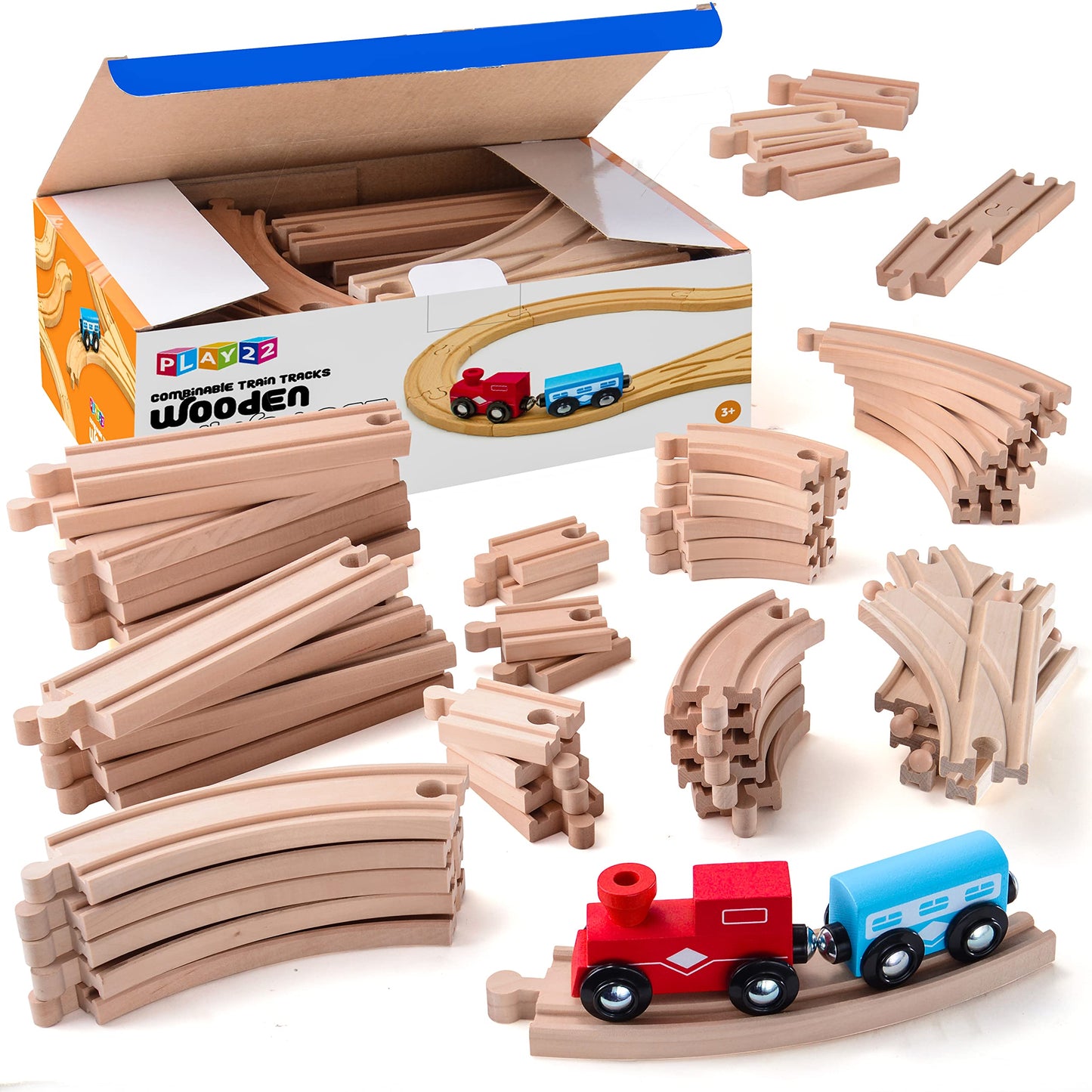 Play22 Wooden Train Tracks – 52 Pcs + 2 Bonus Trains | Thomas & Brio Compatible
