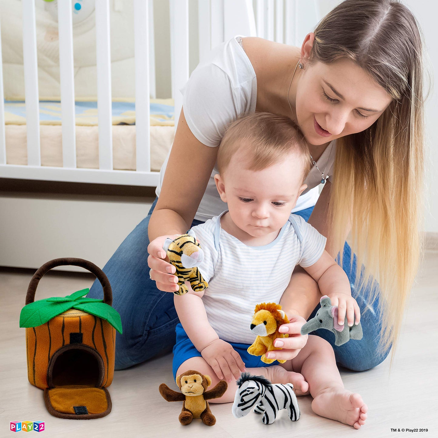 Play22 6-Piece Plush Talking Jungle Animals Set with Carrier - Elephant, Tiger, Lion, Zebra, Monkey