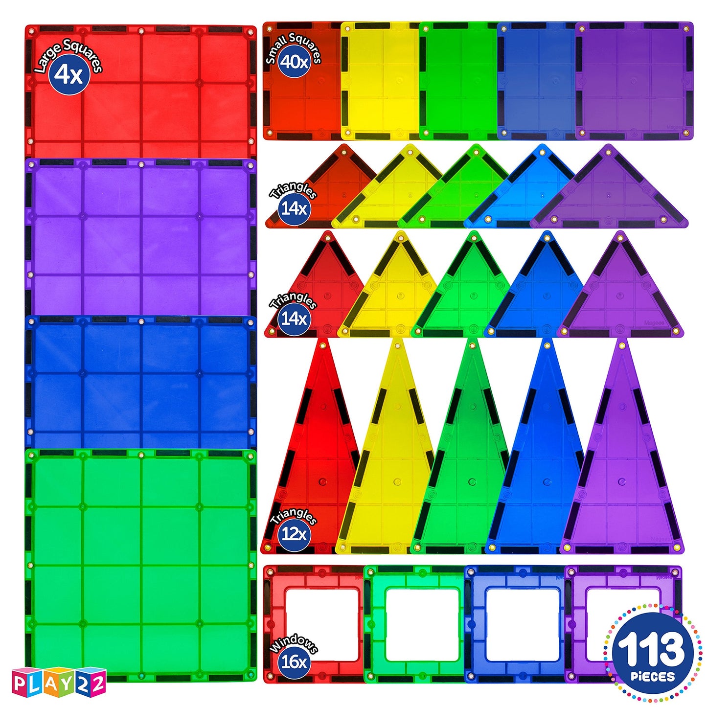 Play22 Magnetic Tiles Building Blocks - 113pcs Advanced STEM Set + Alphabet Cards | Learning by Playing