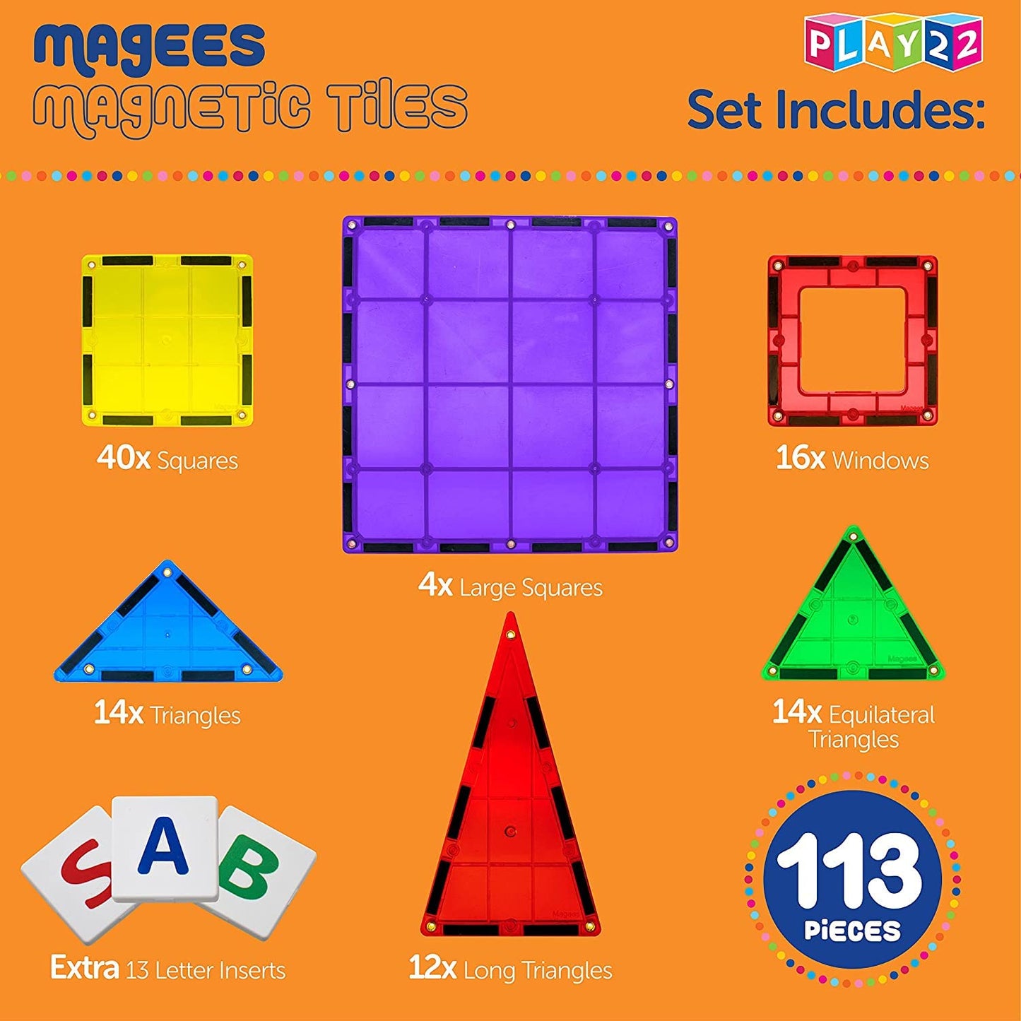 Play22 Magnetic Tiles Building Blocks - 113pcs Advanced STEM Set + Alphabet Cards | Learning by Playing