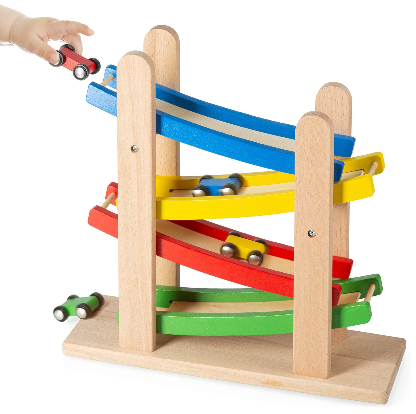 Play22 Wooden Car Ramps: 4-Level Race Track with 4 Wooden Cars - Toddler Toy Set