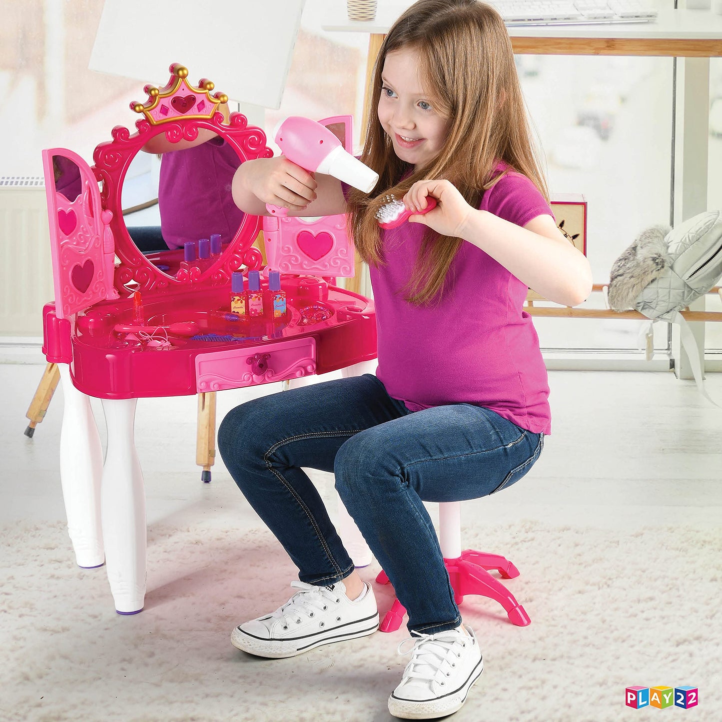 Play22 Pretend Play Girls Vanity Set with Mirror & Stool – 21-Piece Lights & Sounds Vanity Table