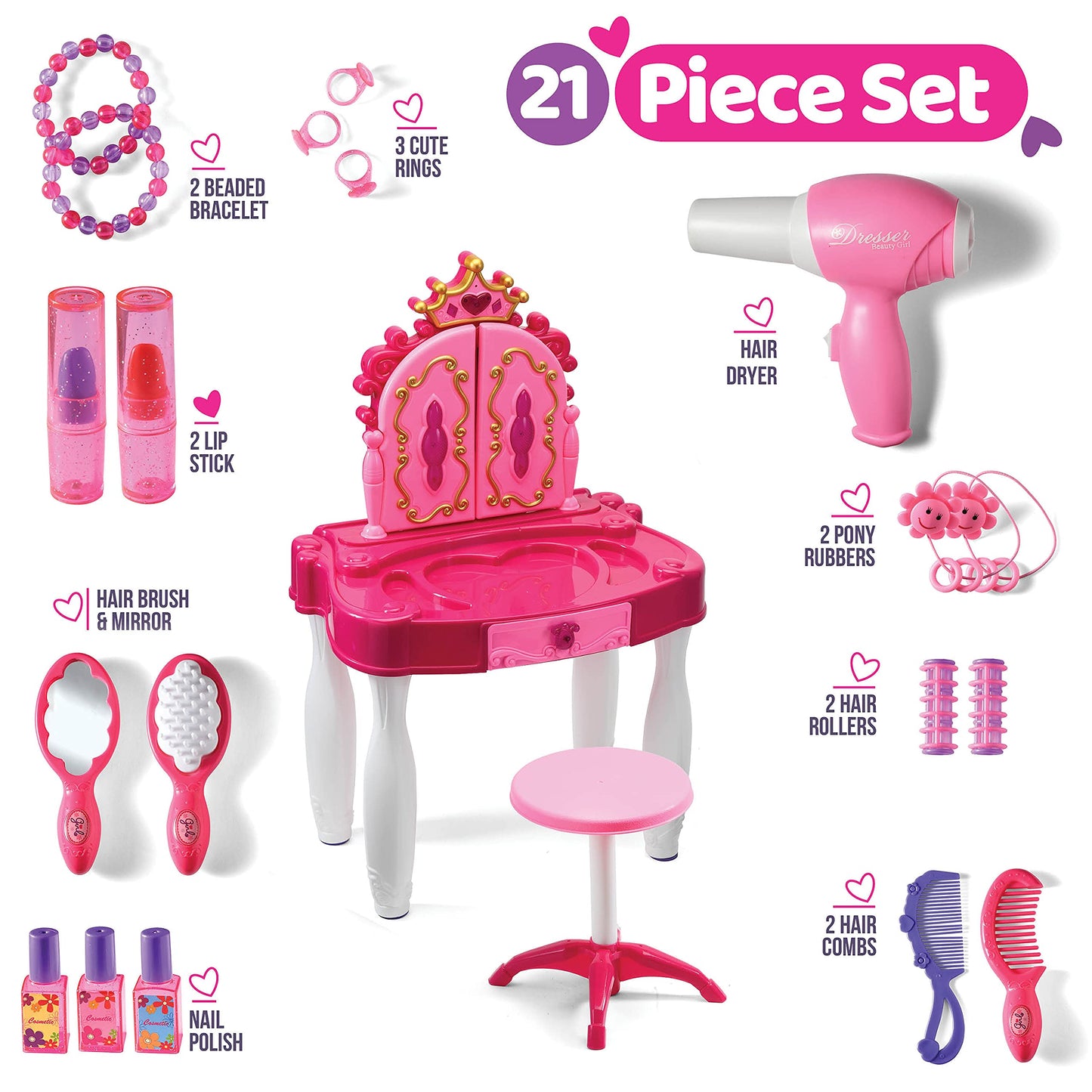 Play22 Pretend Play Girls Vanity Set with Mirror & Stool – 21-Piece Lights & Sounds Vanity Table